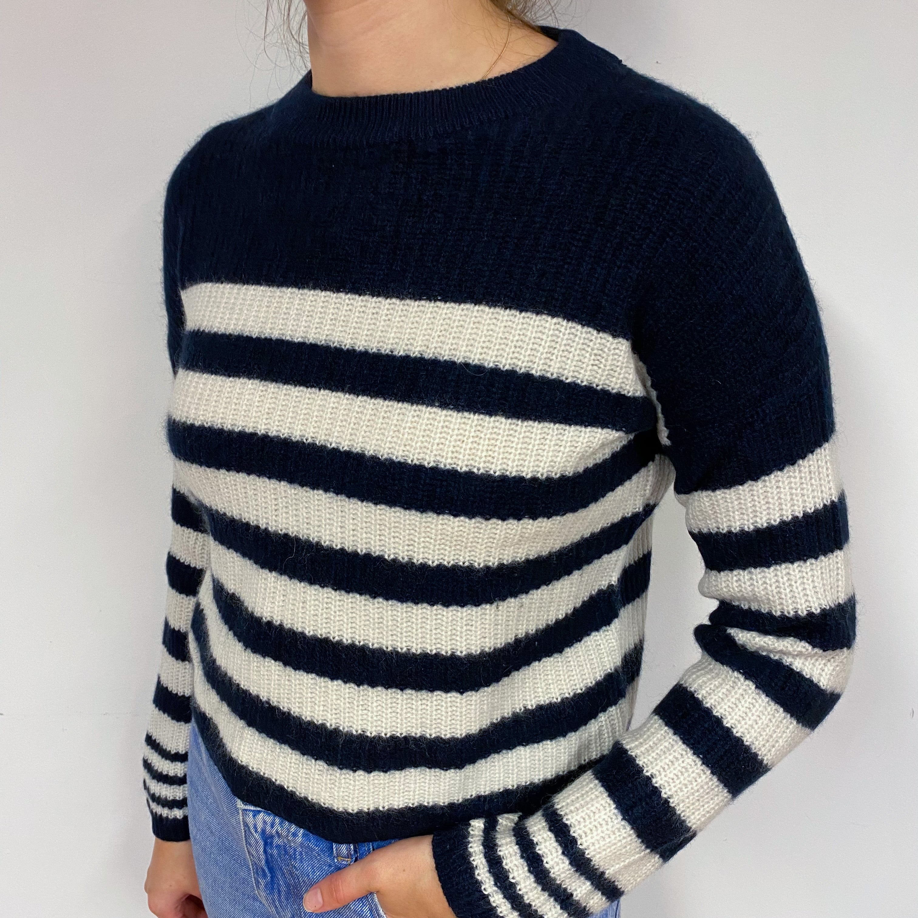 Navy and Cream Stripe Cashmere Crew Neck Jumper Small