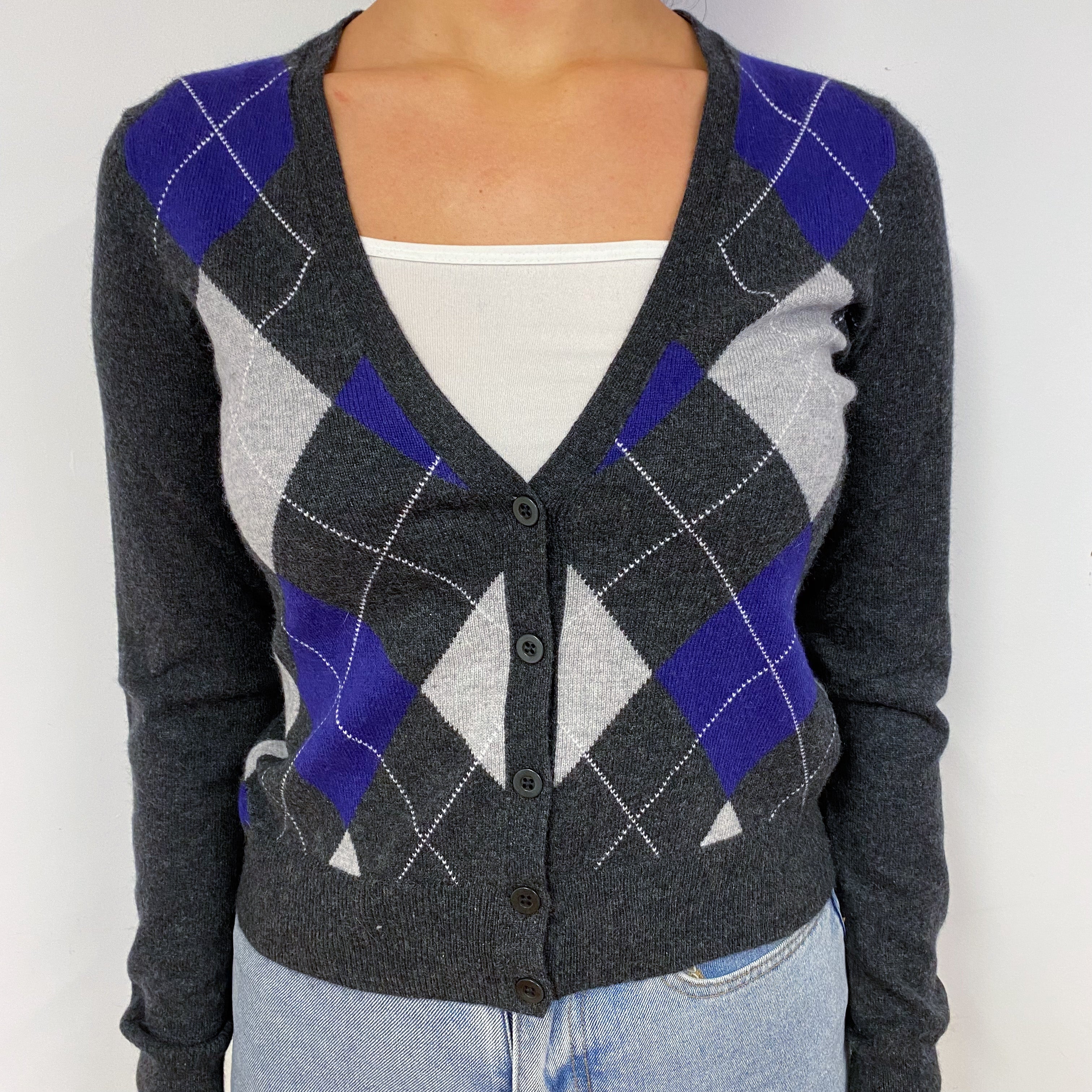 Slate Grey and Blue Diamond Cashmere Cardigan Small