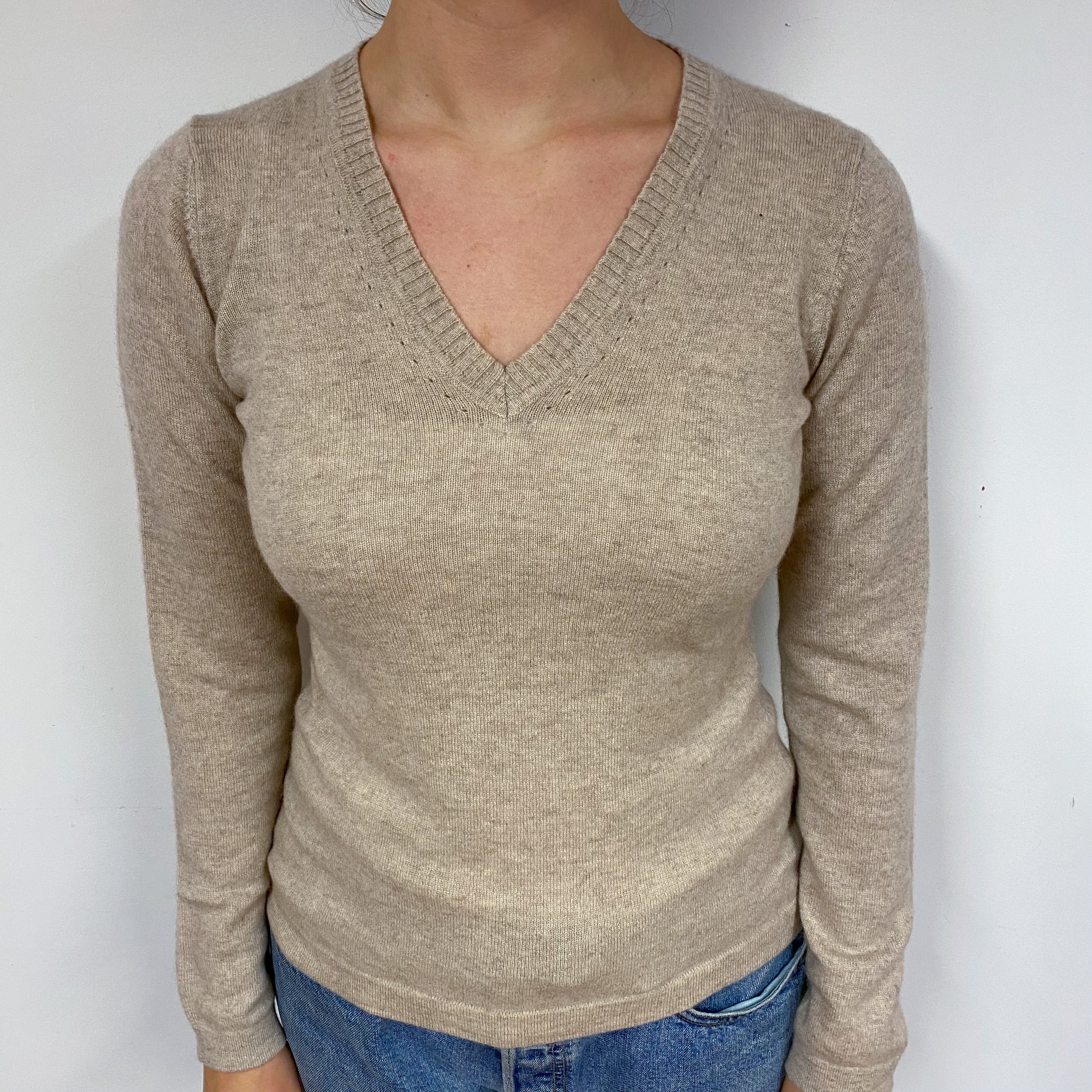 Fawn Beige Cashmere V-Neck Jumper Small