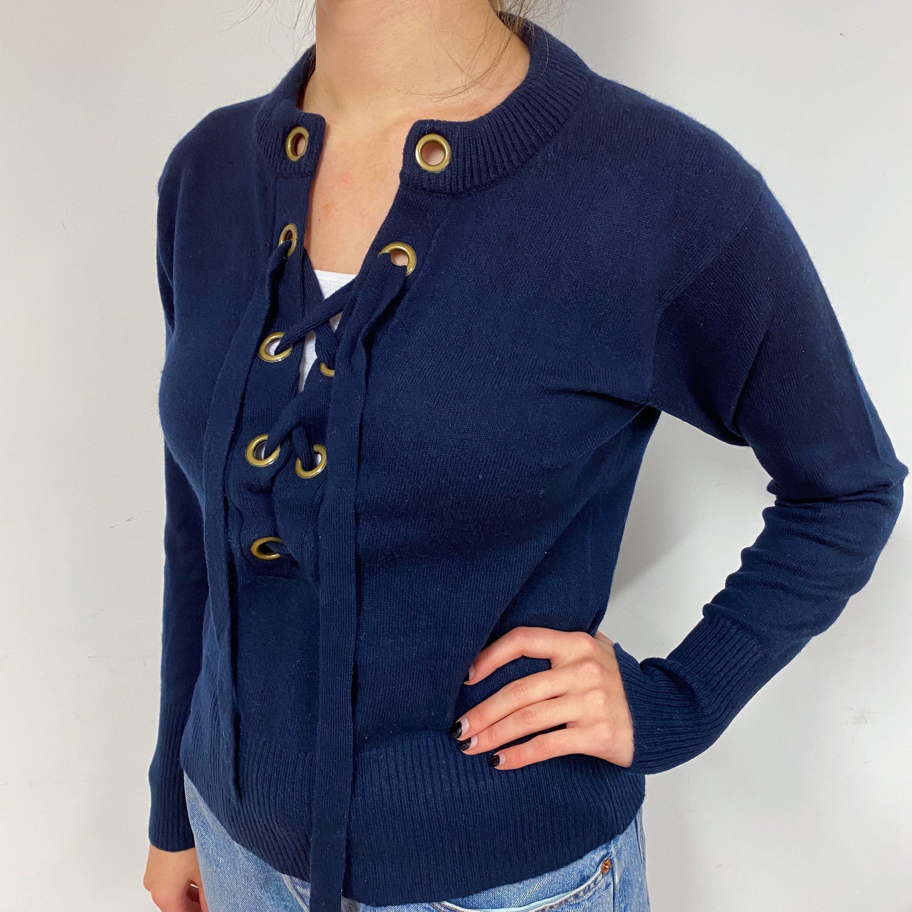 Navy Blue Lace Up Cashmere V-Neck Jumper Small