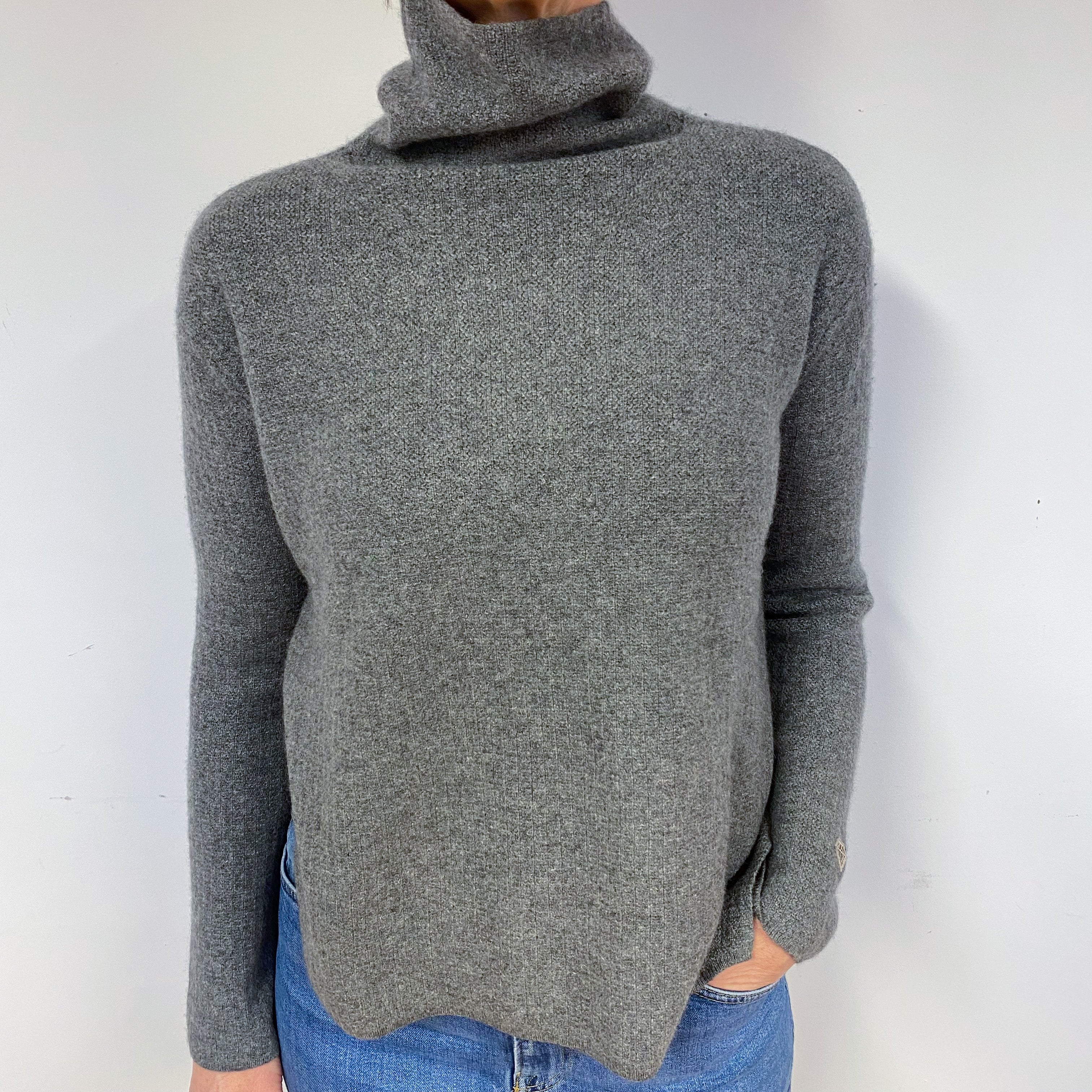 Steel Grey Slouchy Chunky Cashmere Polo Neck Jumper Medium