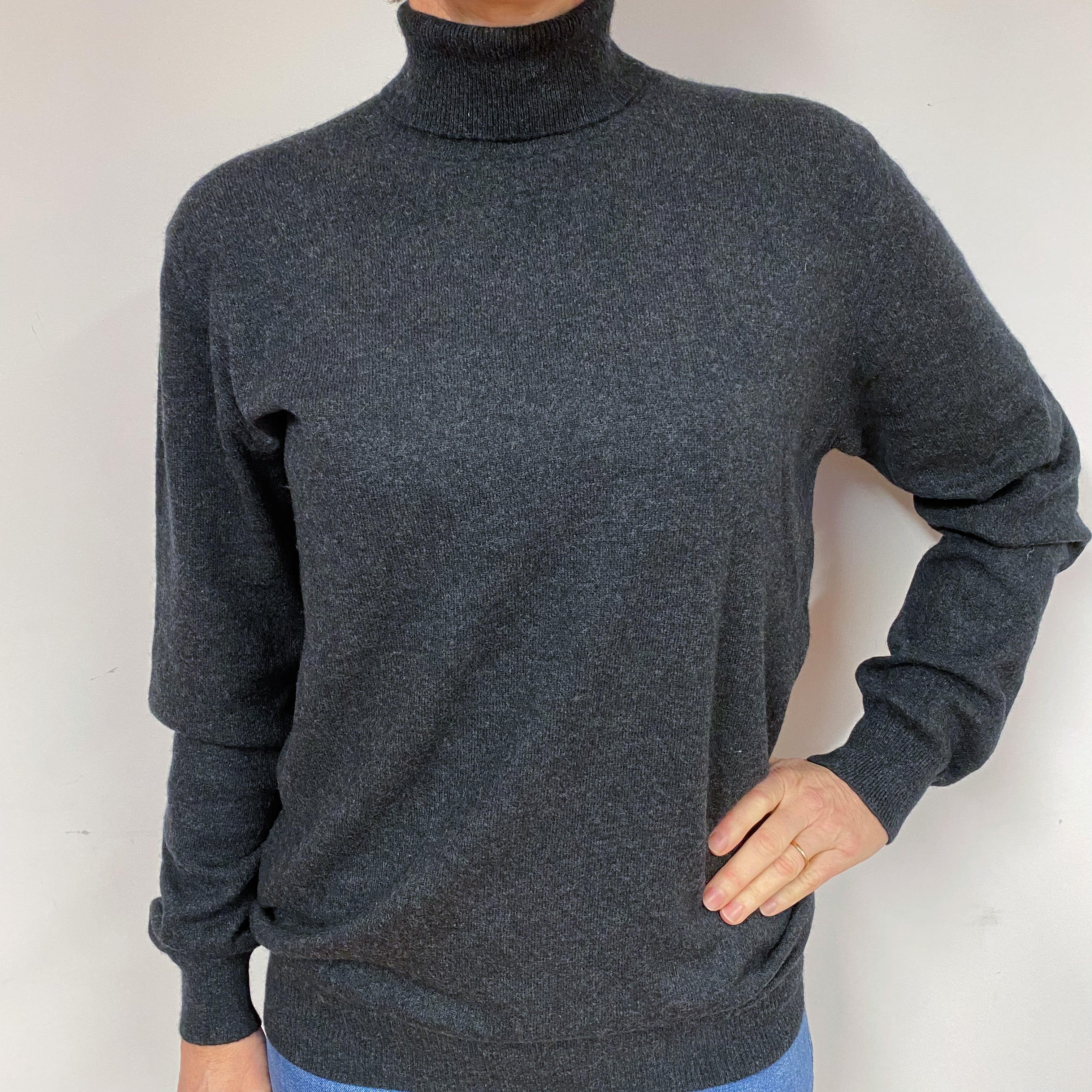 Slouchy Charcoal Grey Cashmere Polo Neck Jumper Medium