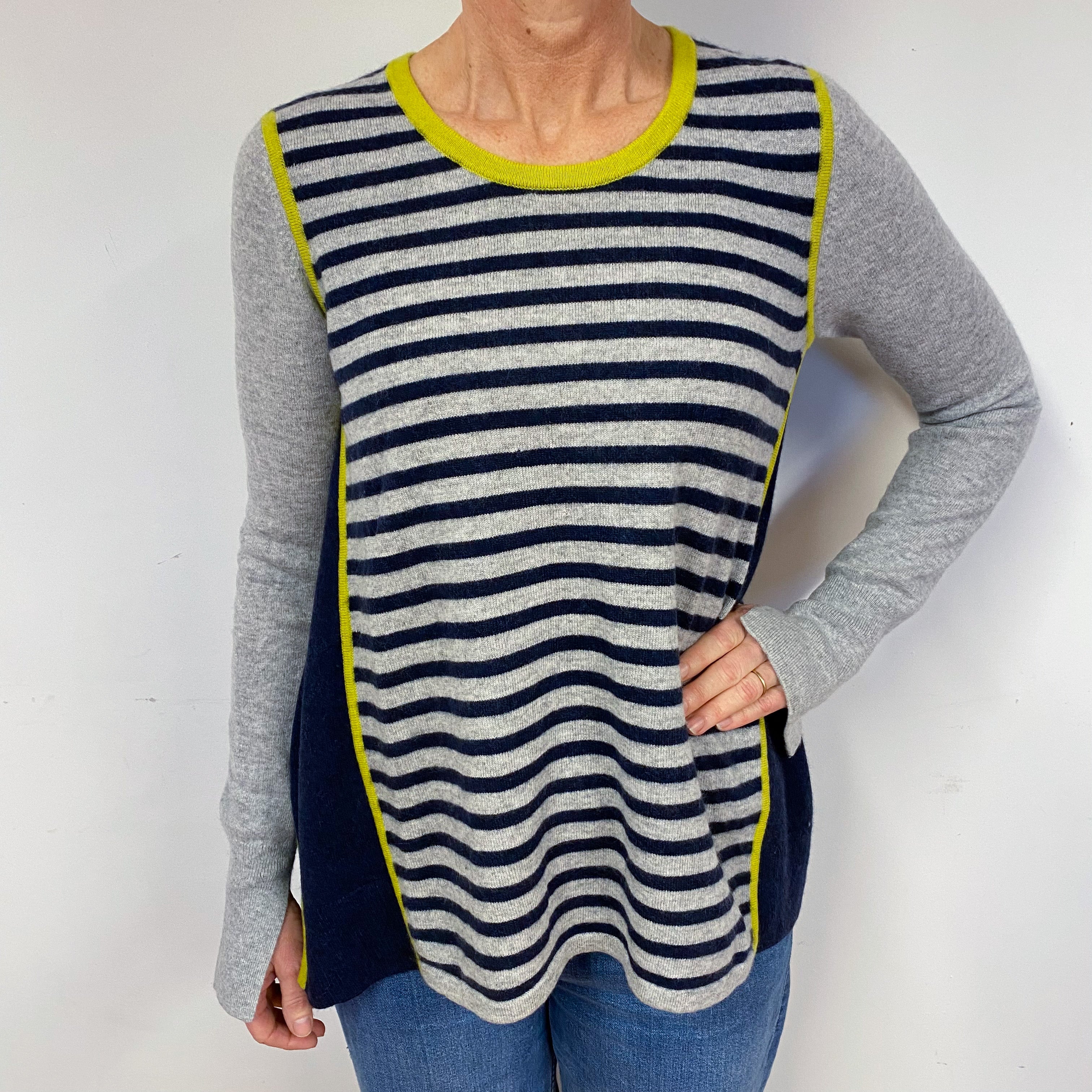 Navy Blue and Grey Striped Cashmere Crew Neck Jumper Medium