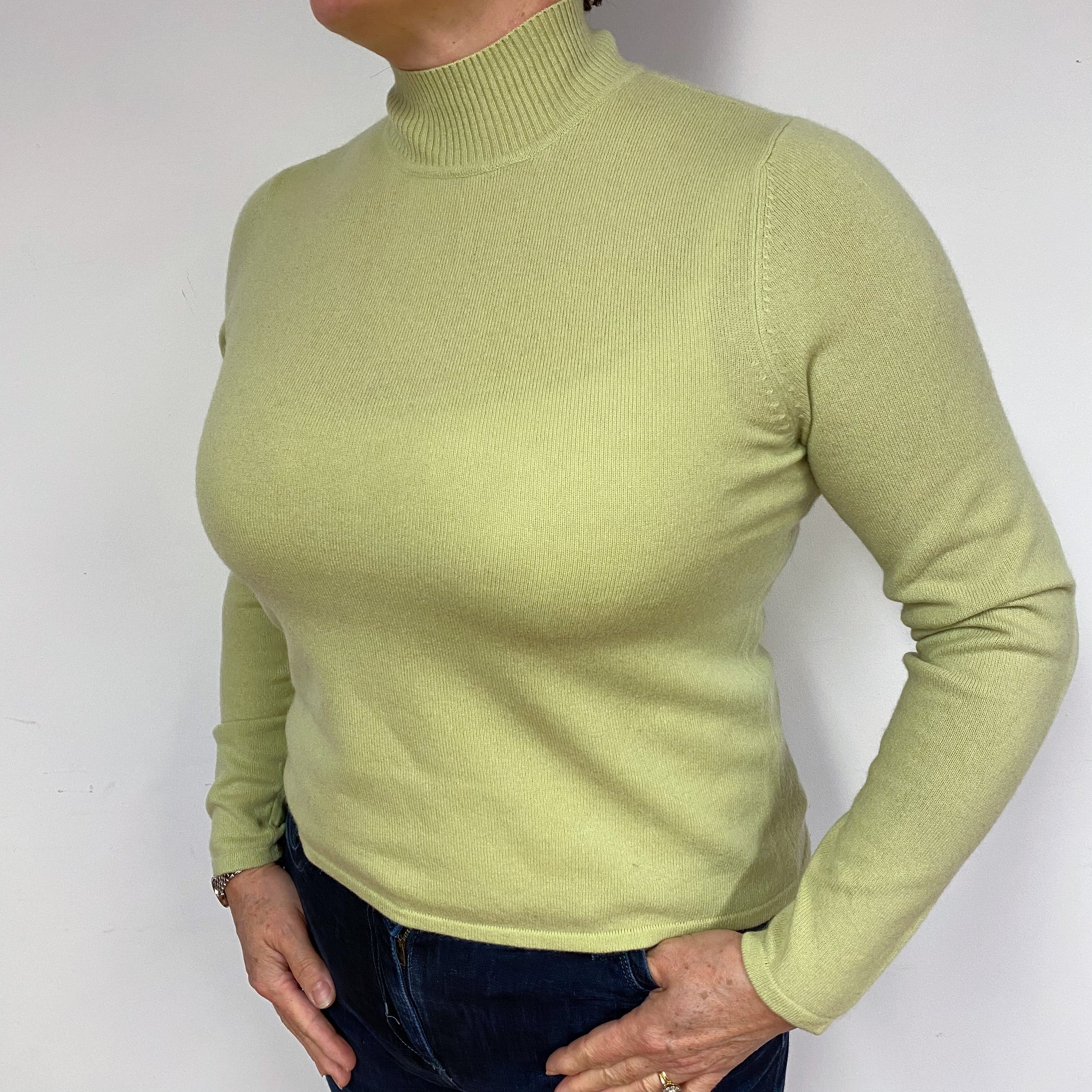 Soft Lime Green Cashmere Turtle Neck Jumper Large