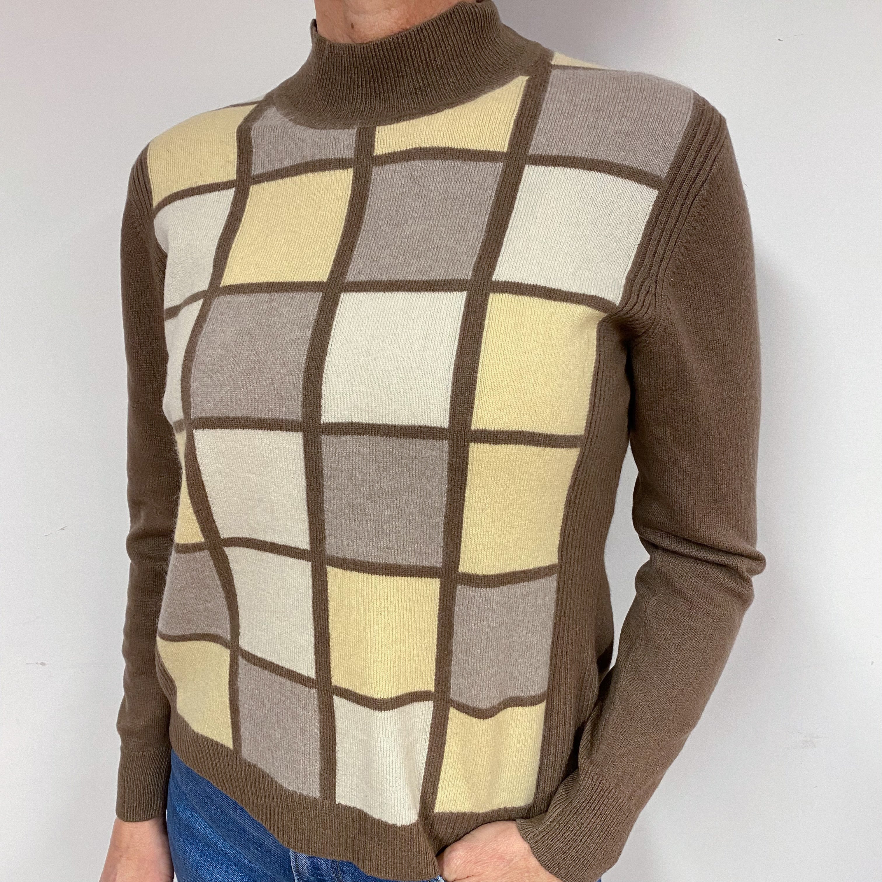 Brown and Yellow Checked Cashmere Turtle Neck Jumper Medium