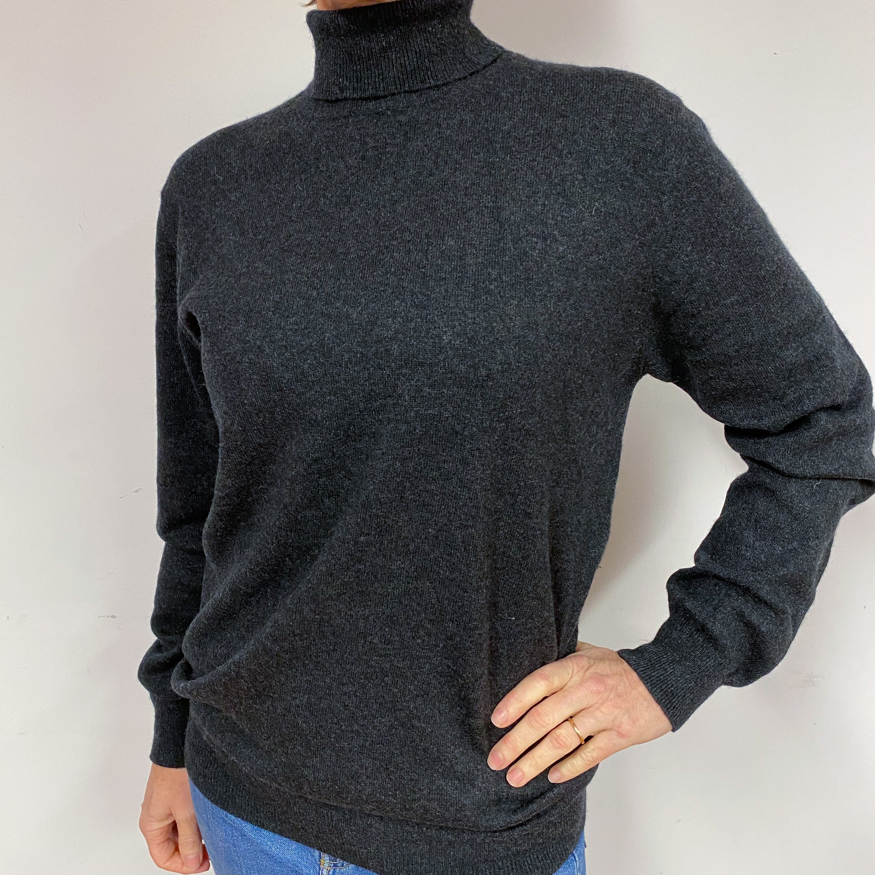 Slouchy Charcoal Grey Cashmere Polo Neck Jumper Medium