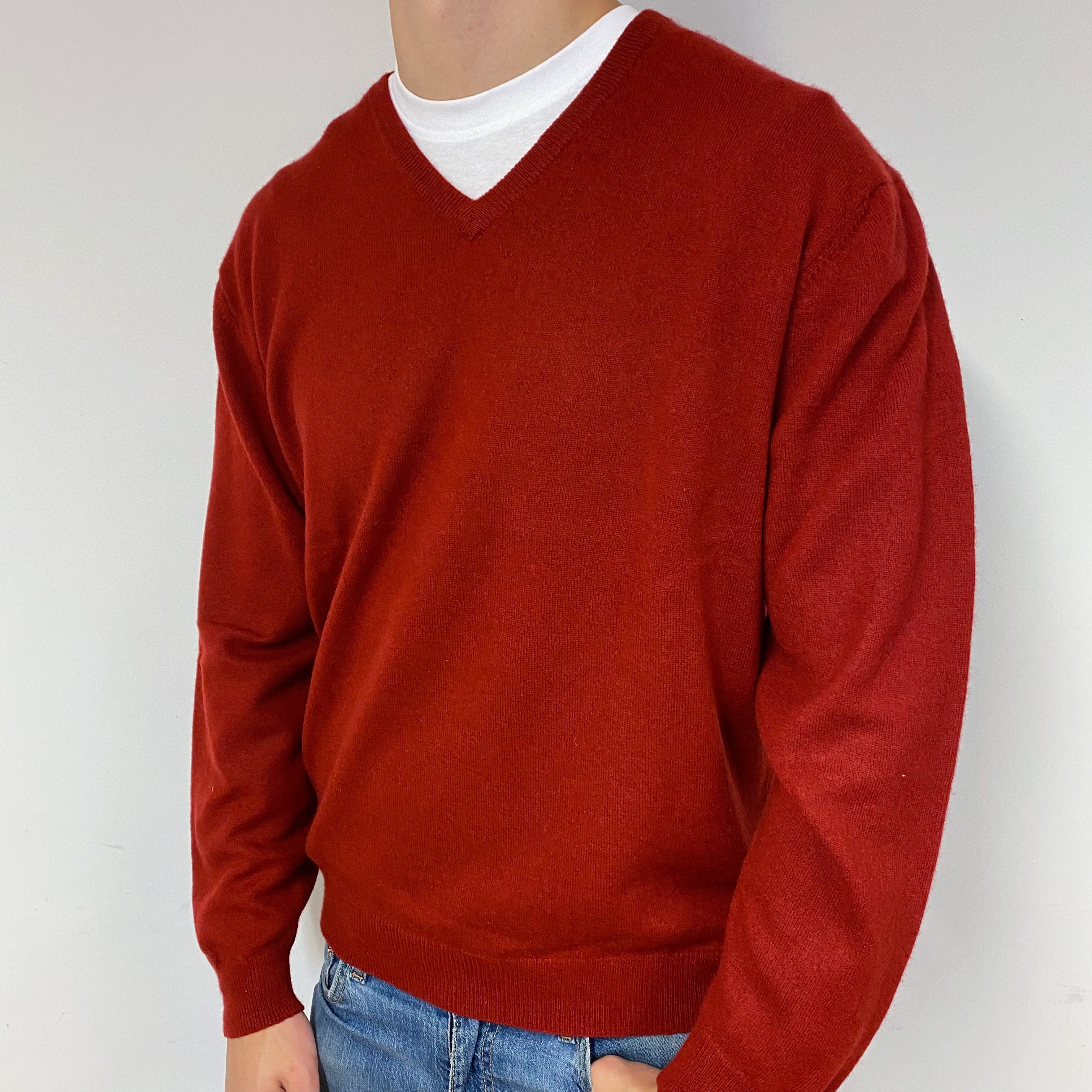 Men's Burgundy Red Cashmere V-Neck Jumper Extra Large