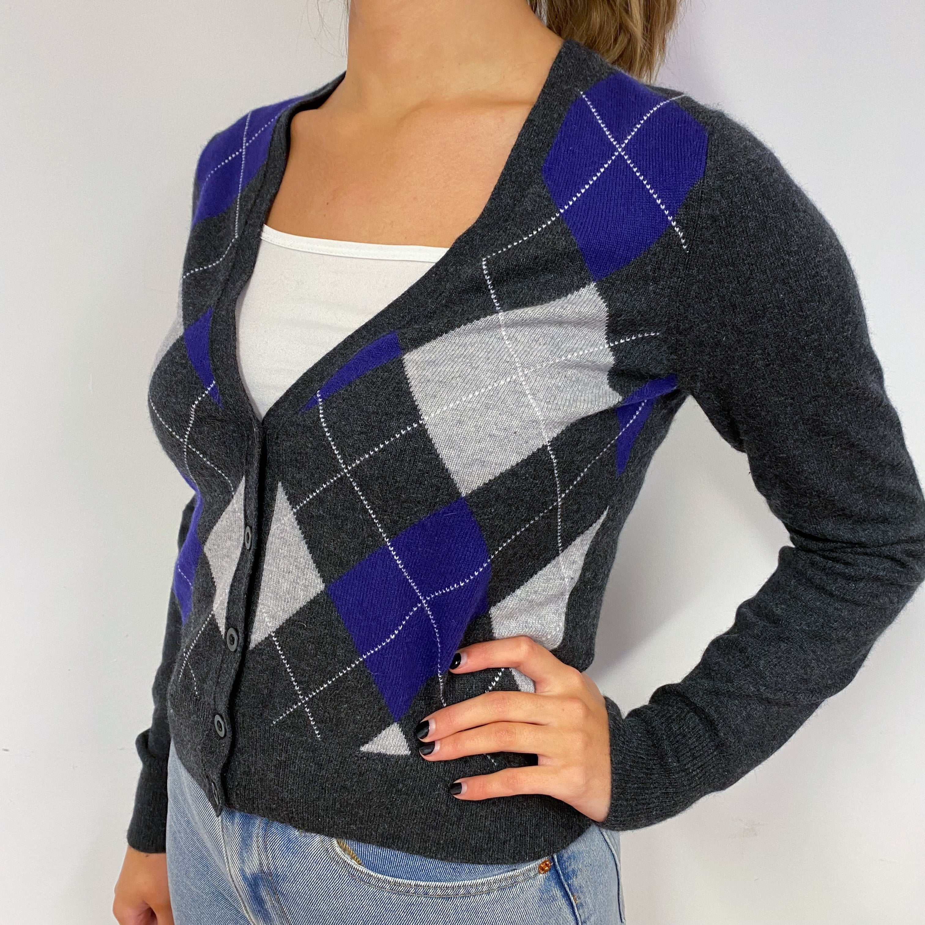 Slate Grey and Blue Diamond Cashmere Cardigan Small