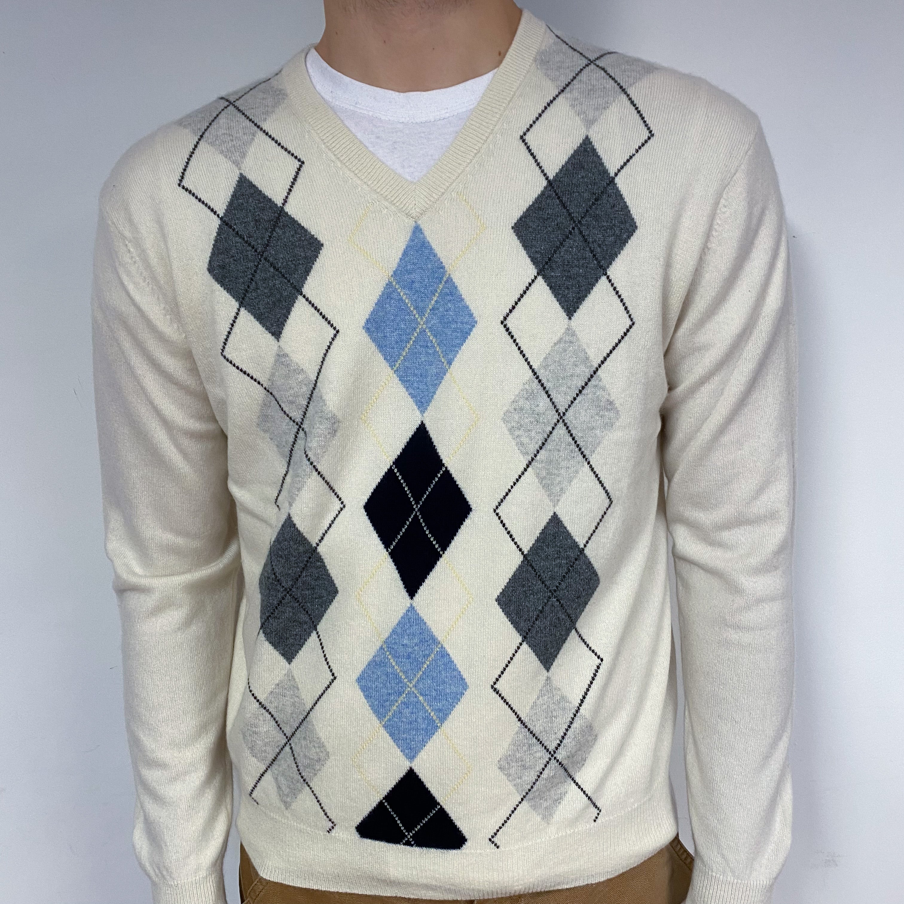 Men's Vanilla Beige Diamond Cashmere Crew Neck Jumper Medium