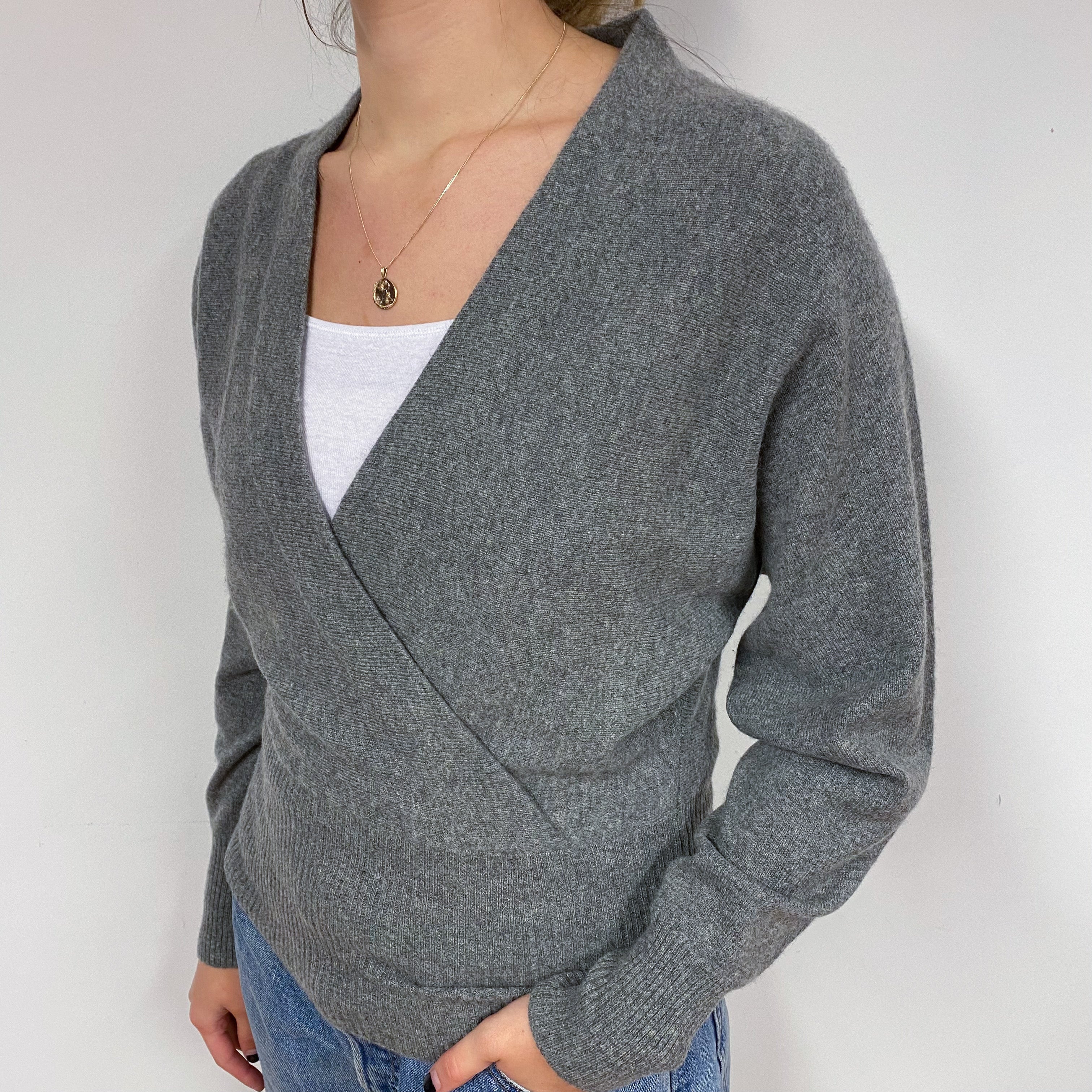 Steel Grey Cross Over Cashmere V-Neck Jumper Small