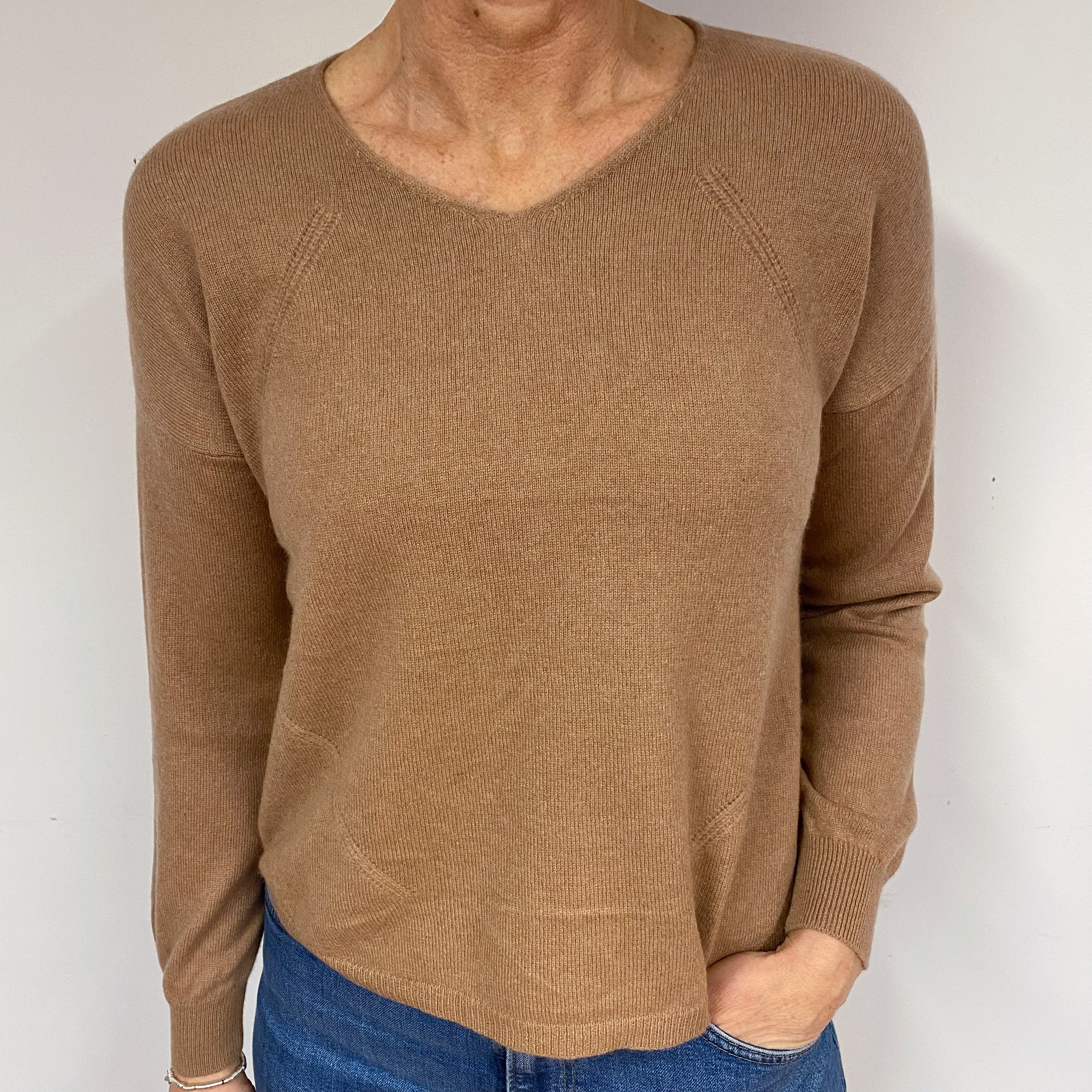 Camel Brown Cashmere V-Neck Jumper Medium