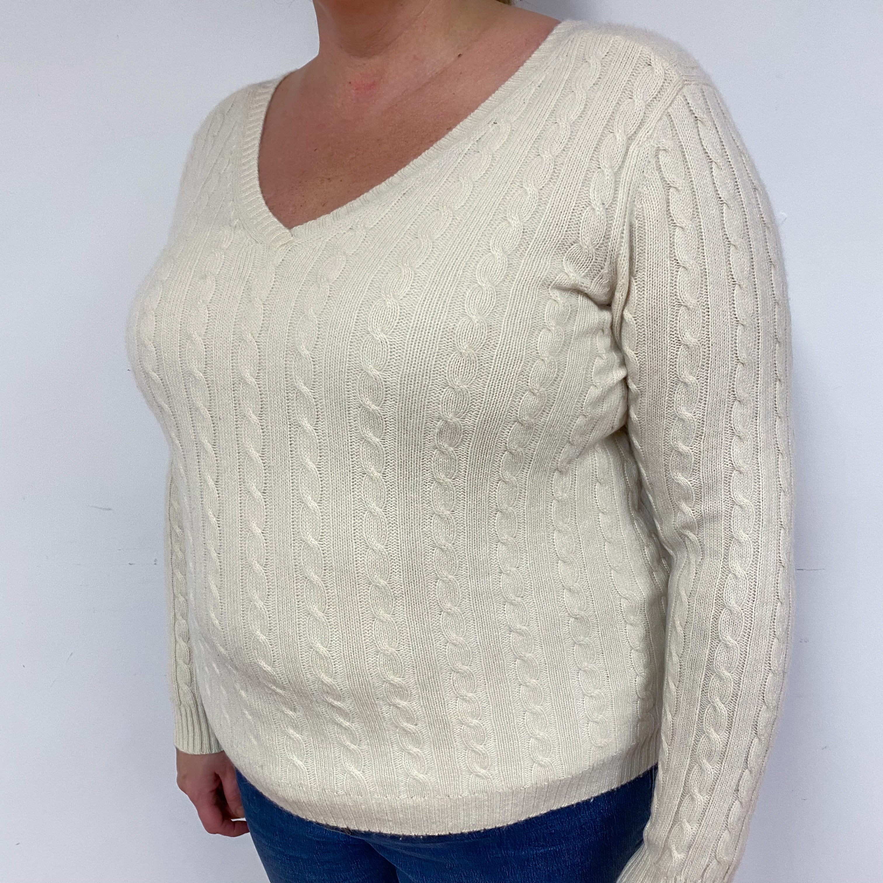 Ralph Lauren Cream Cable Cashmere V-Neck Jumper Extra Large