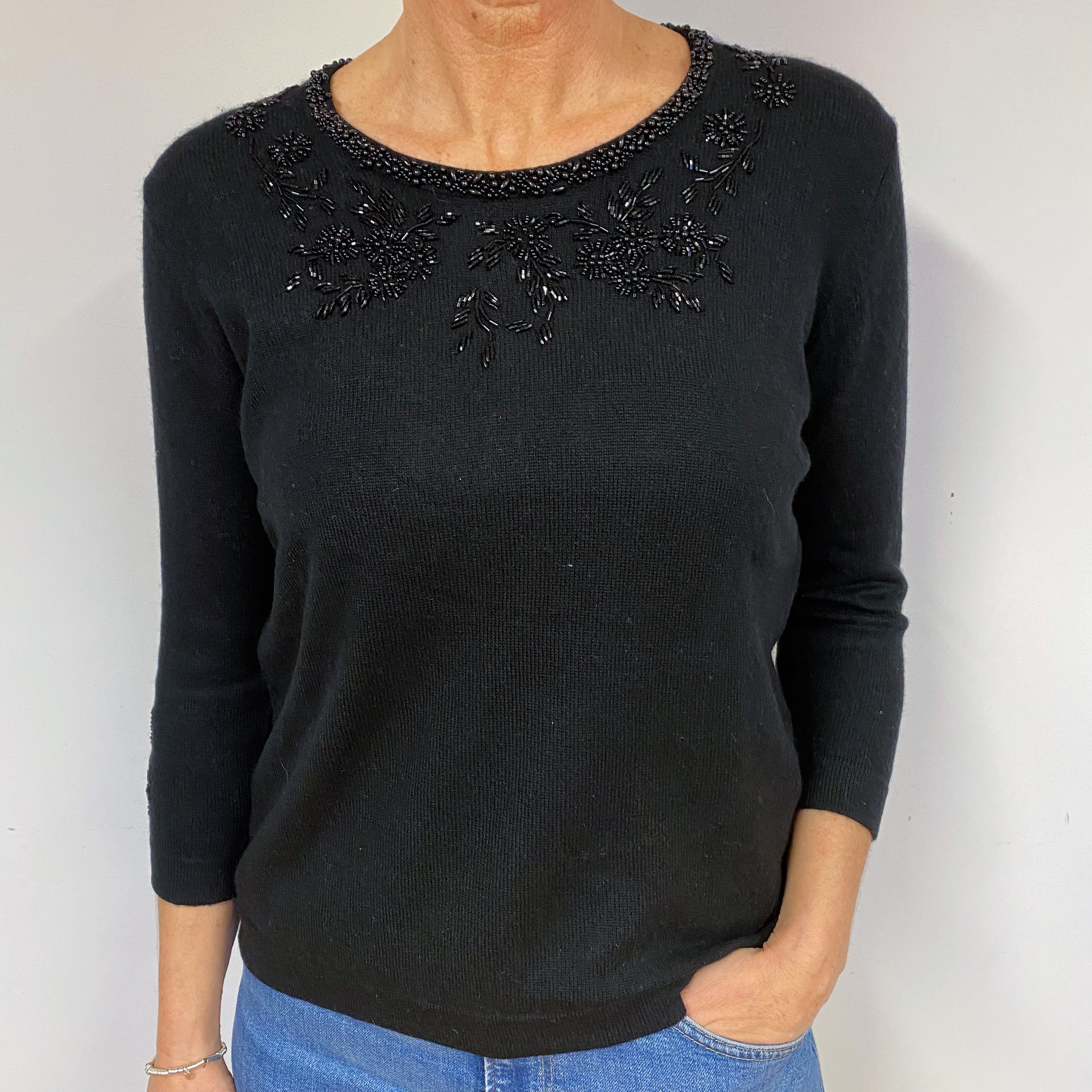 Black Embellished Cashmere Crew Neck Jumper Medium