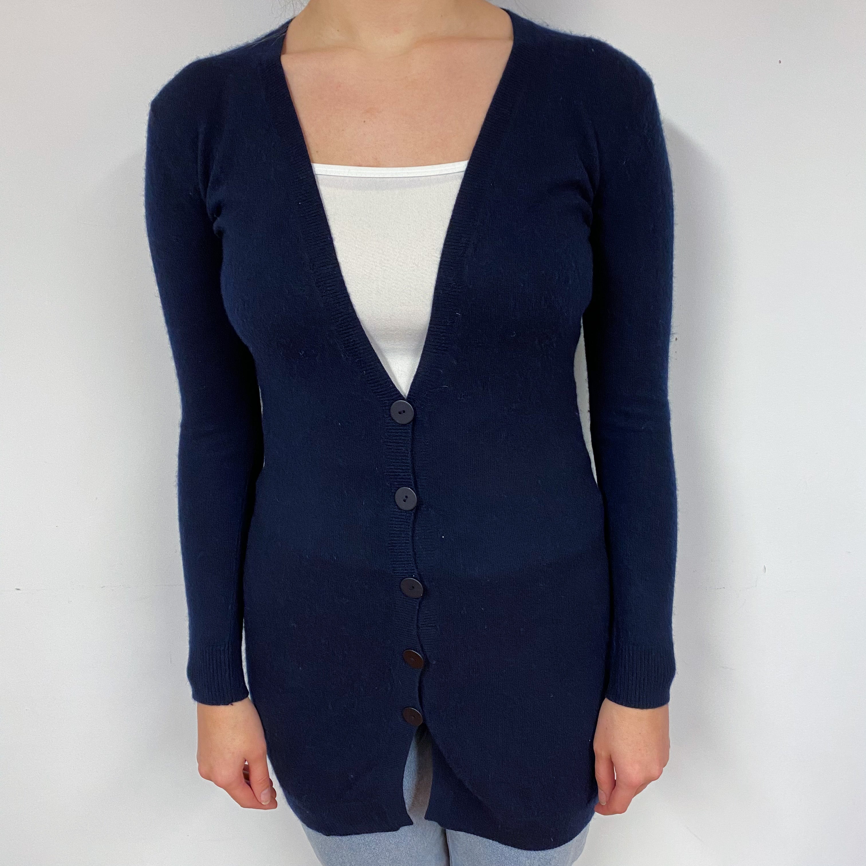 Dark Navy Longline Cashmere V-Neck Cardigan Small