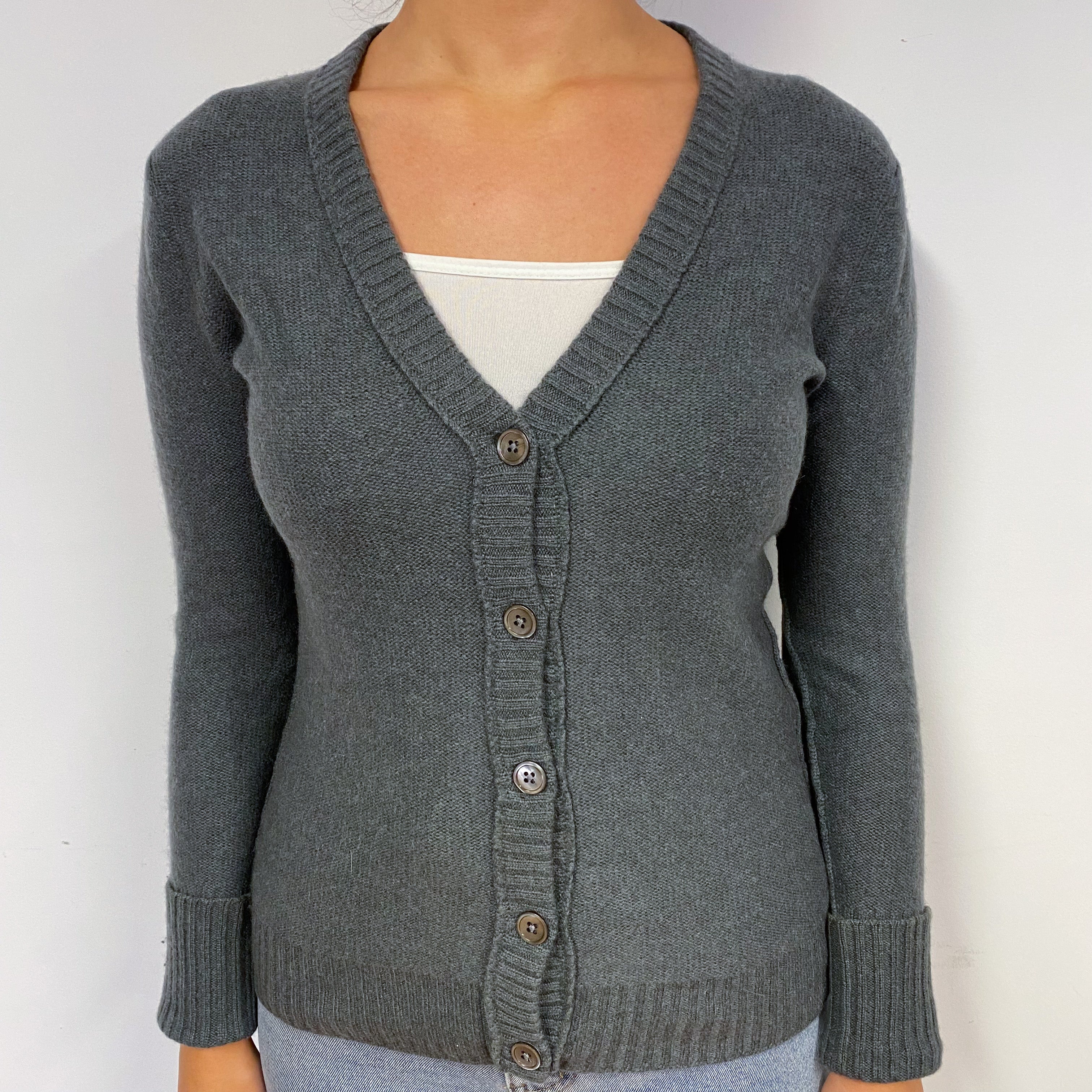 Deep Khaki Green Cashmere V-Neck Cardigan Small