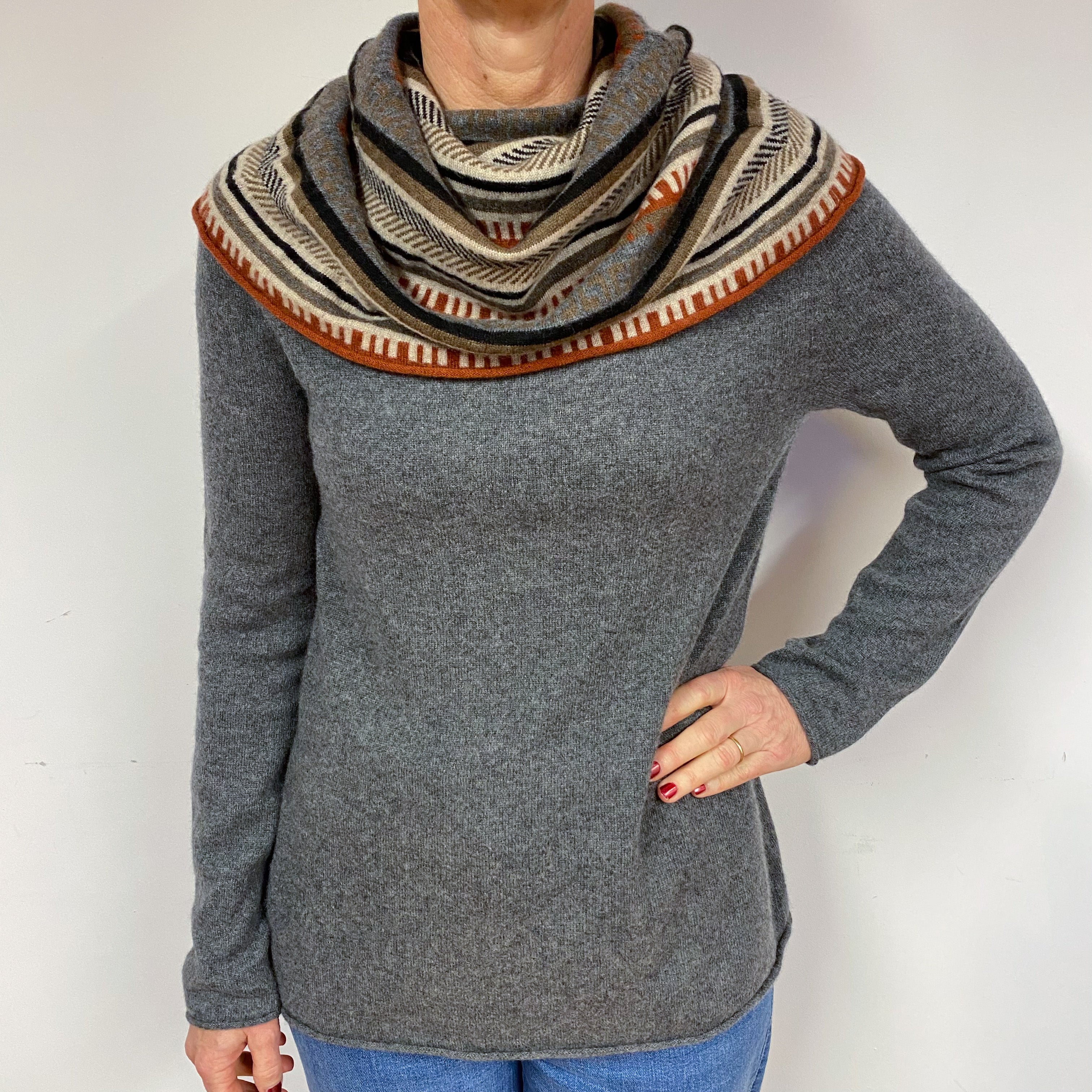 Grey Aztec Cashmere Cowl Neck Jumper Medium