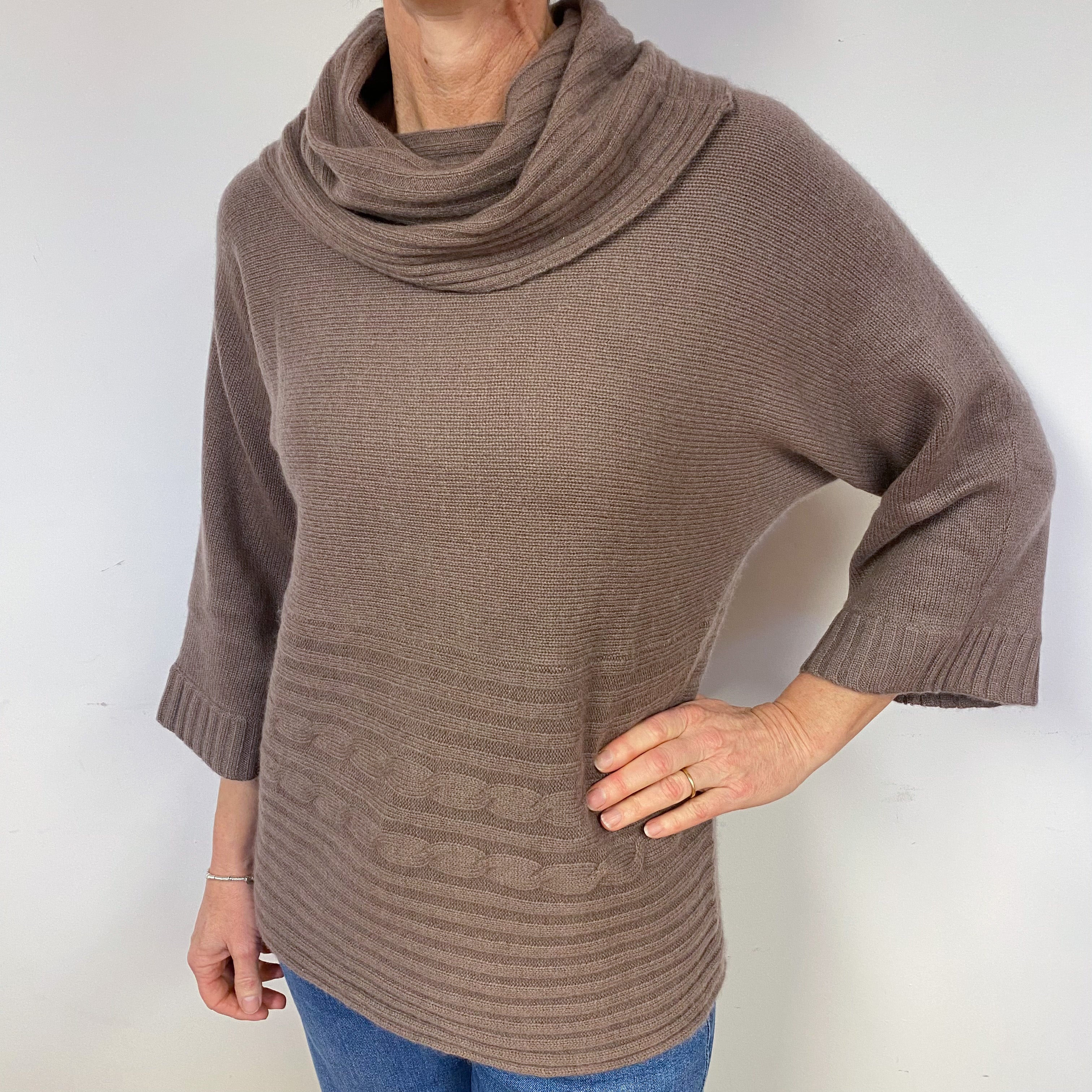 Mocha Brown Chunky Cashmere Cowl Neck Jumper Medium