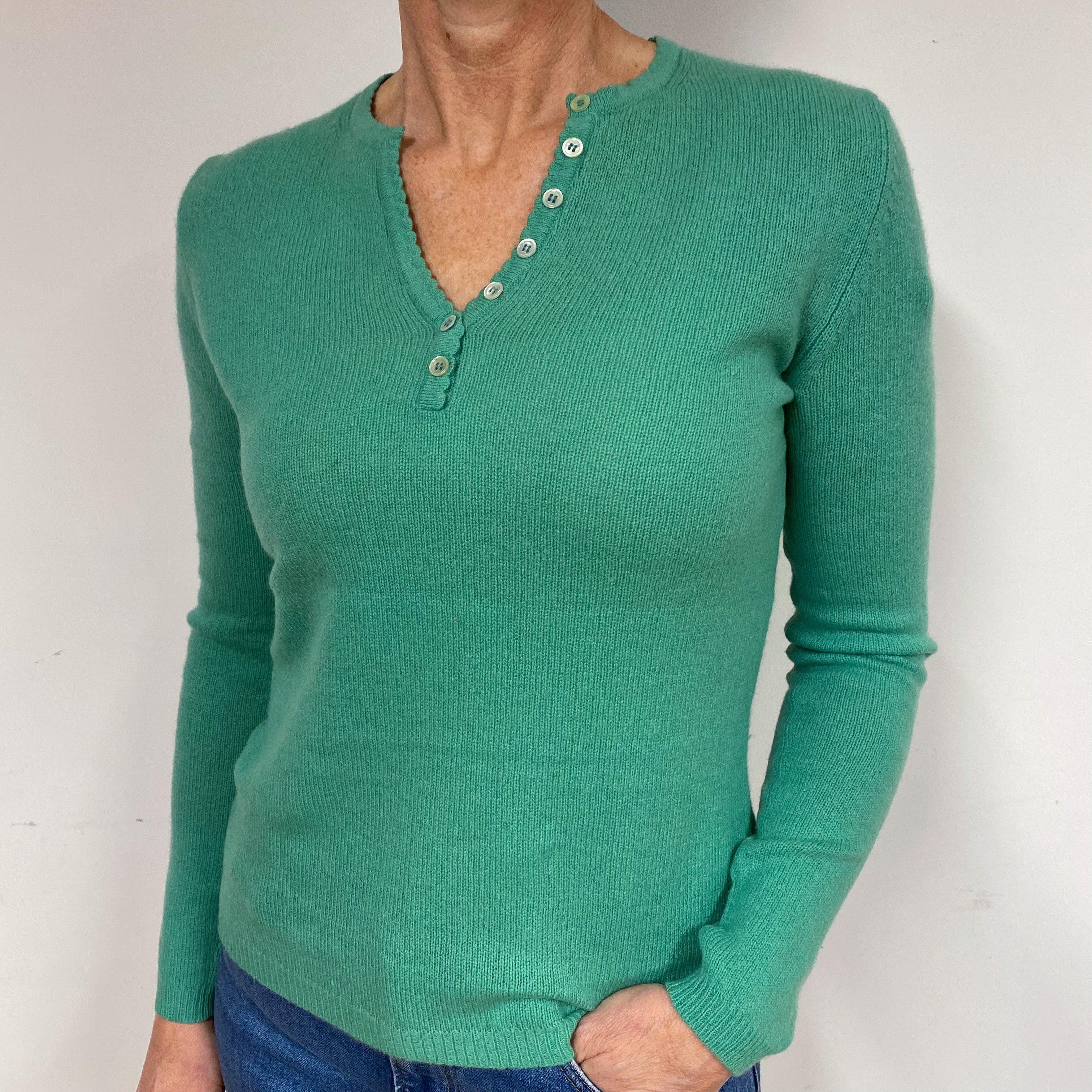 Shamrock Green Buttoned Cashmere V-Neck Jumper Medium