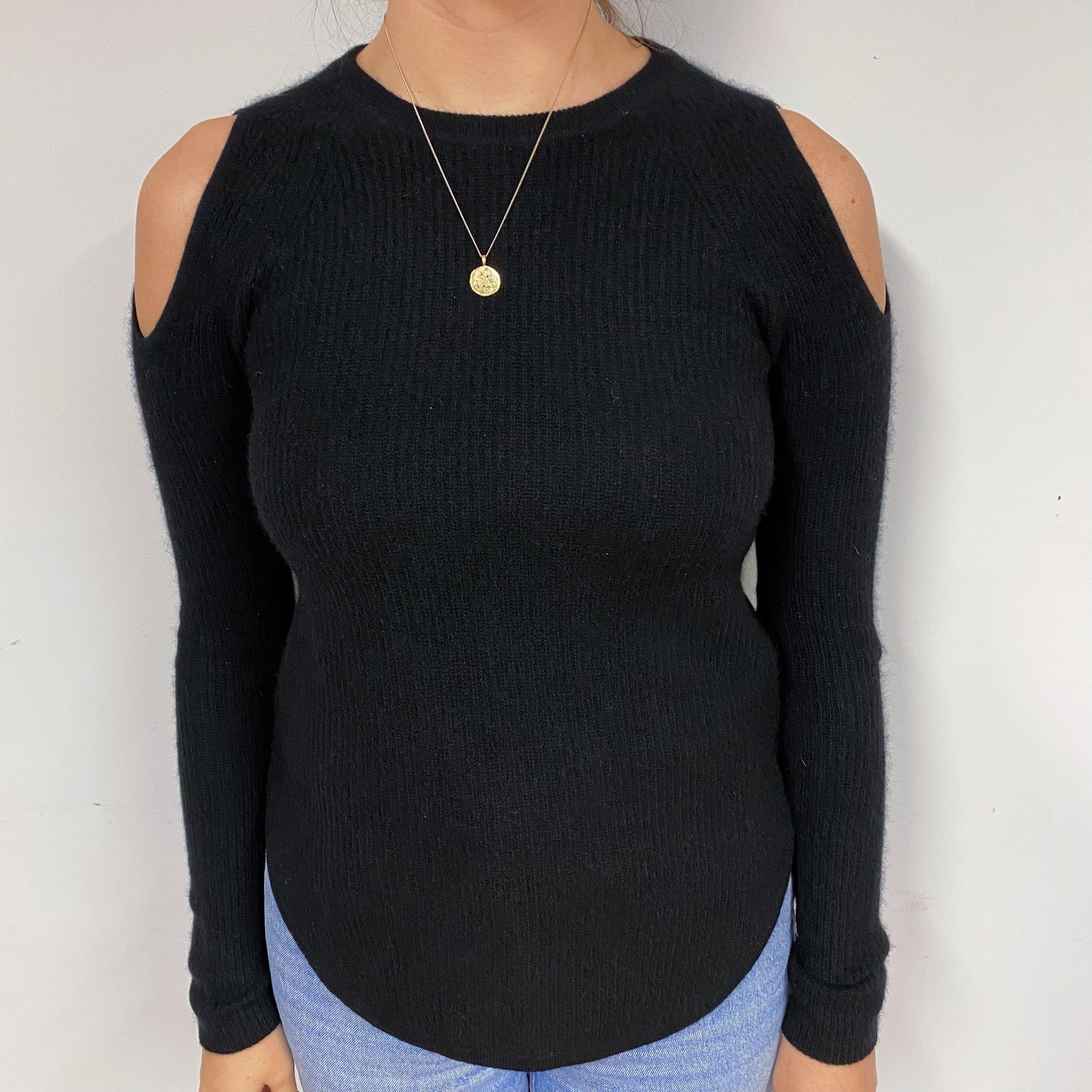 Black Cold Shoulder Cashmere Crew Neck Jumper Small