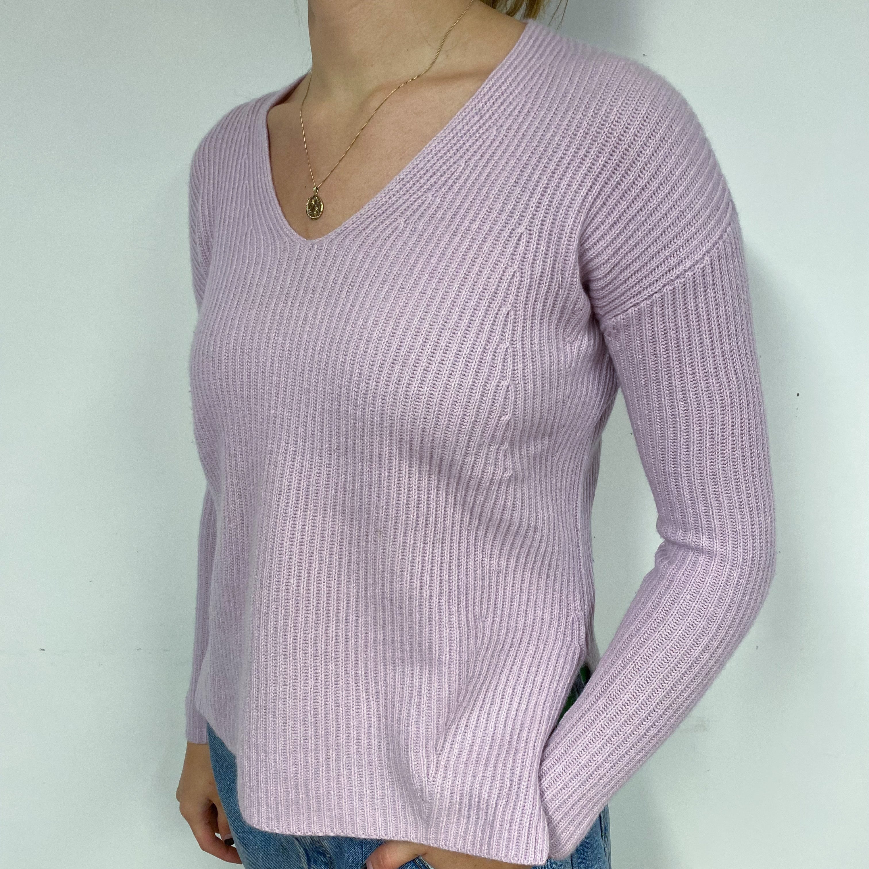 Pale Mauve Pink Ribbed Cashmere V-Neck Jumper Small