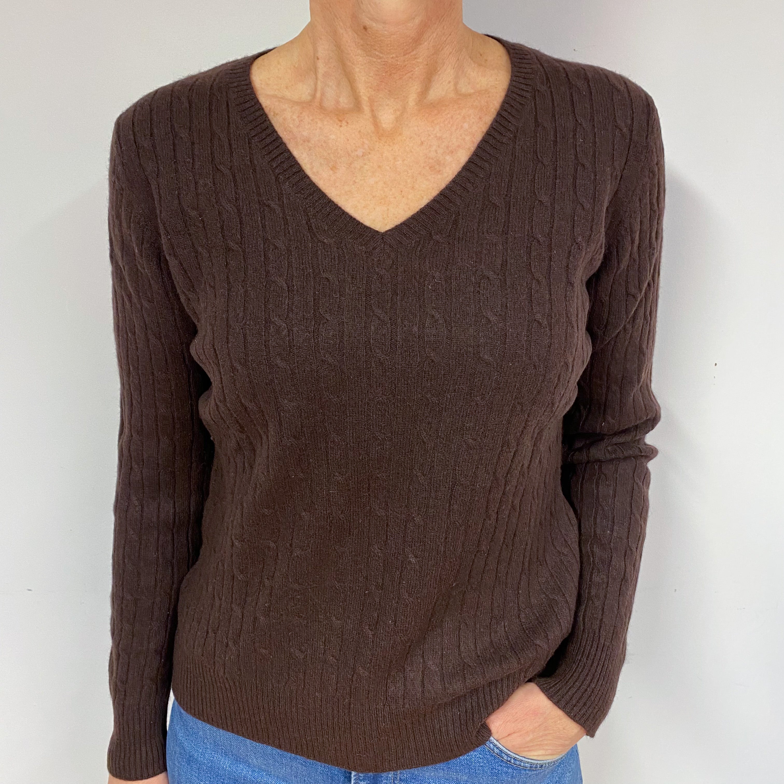 Peppercorn Brown Cable Cashmere V-Neck Jumper Medium