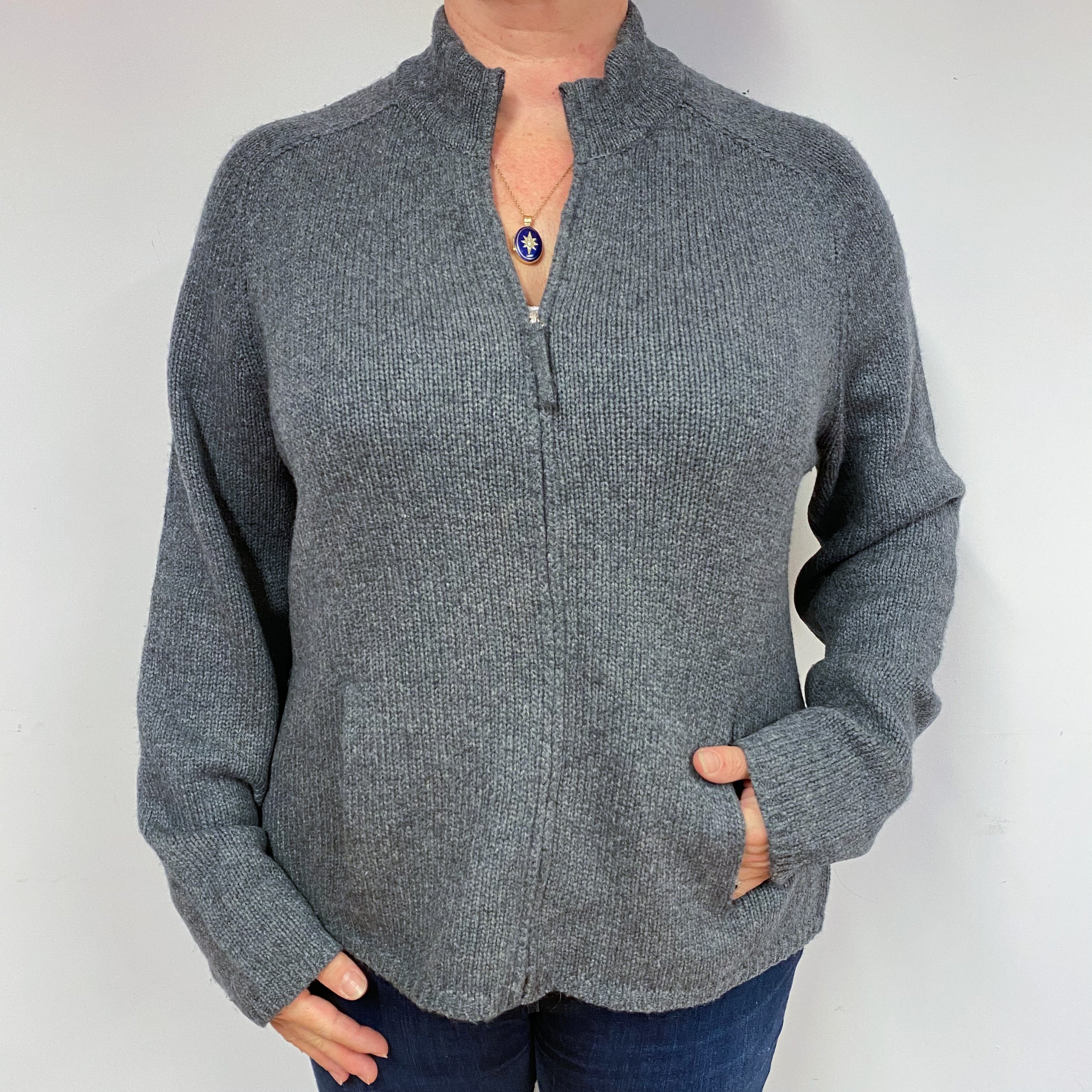 Slate Grey Cashmere Zip Cardigan Large