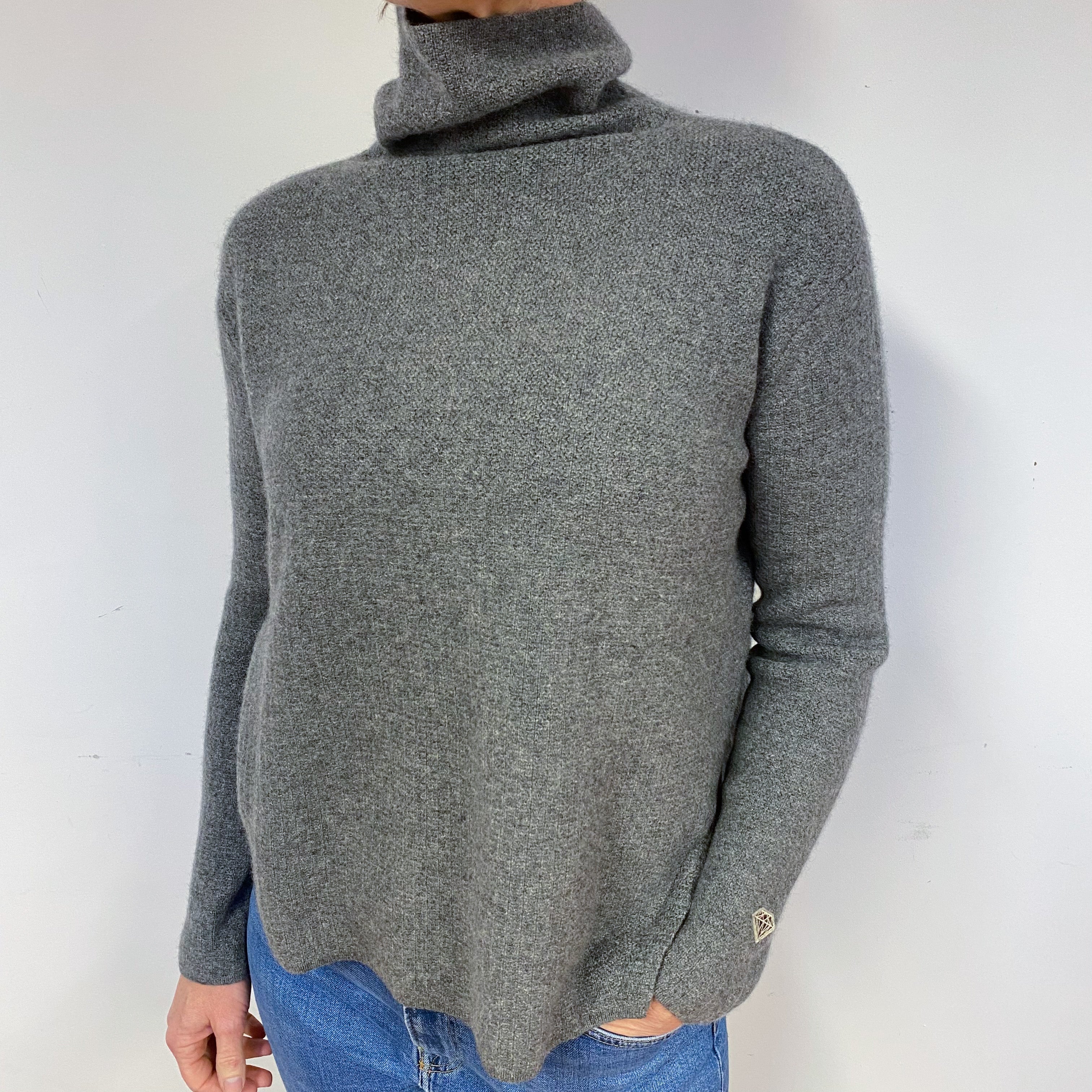 Steel Grey Slouchy Chunky Cashmere Polo Neck Jumper Medium