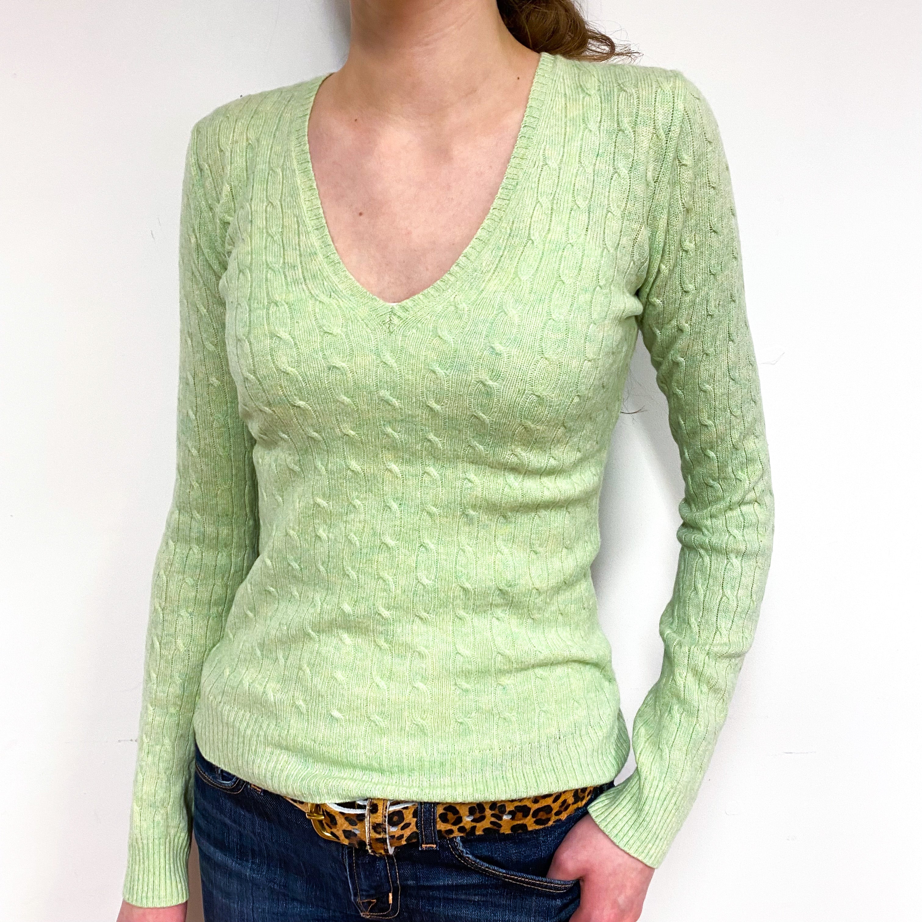 Lime Green Cable Cashmere V-Neck Jumper Extra Small