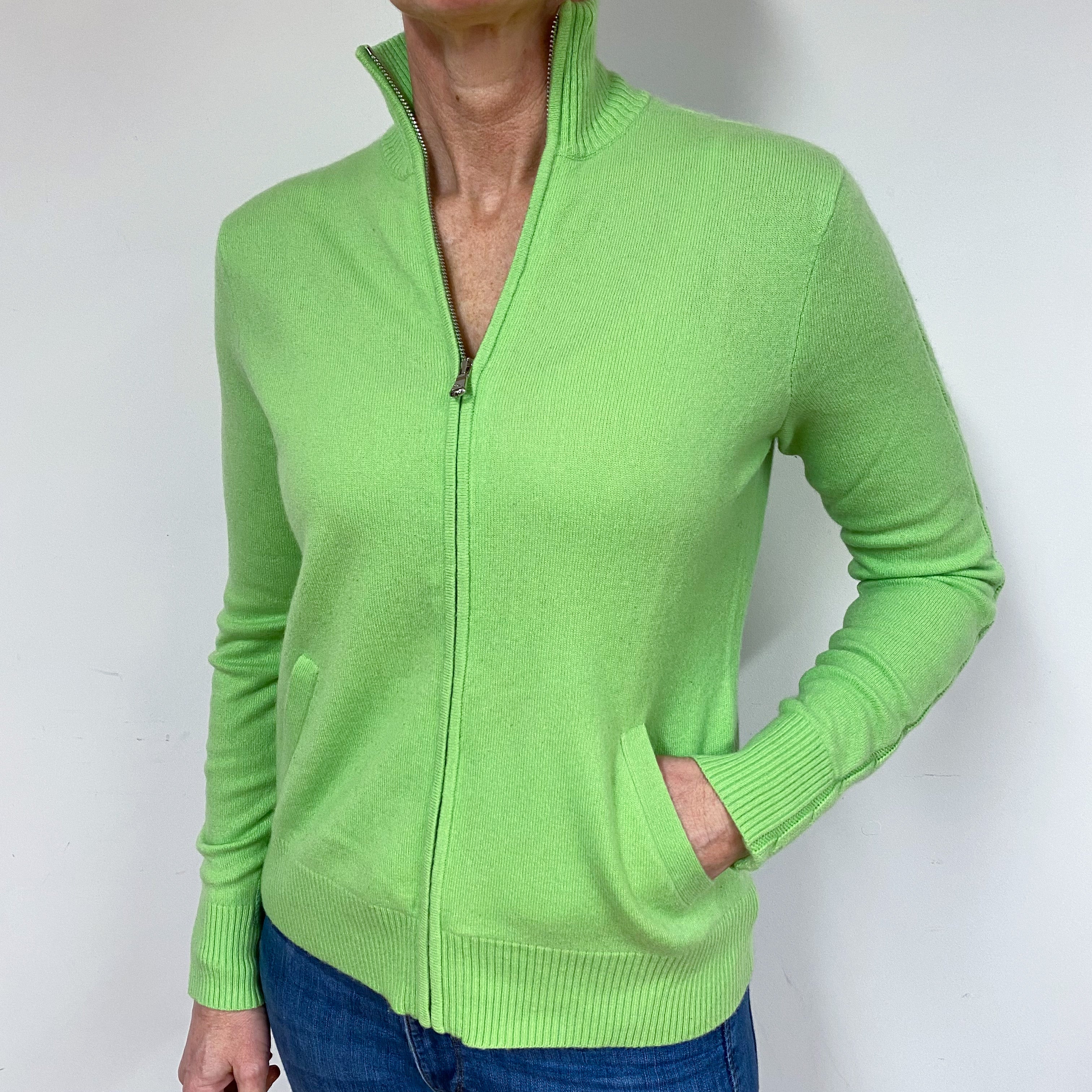 Lime Green Cashmere Zip Front Cardigan Medium