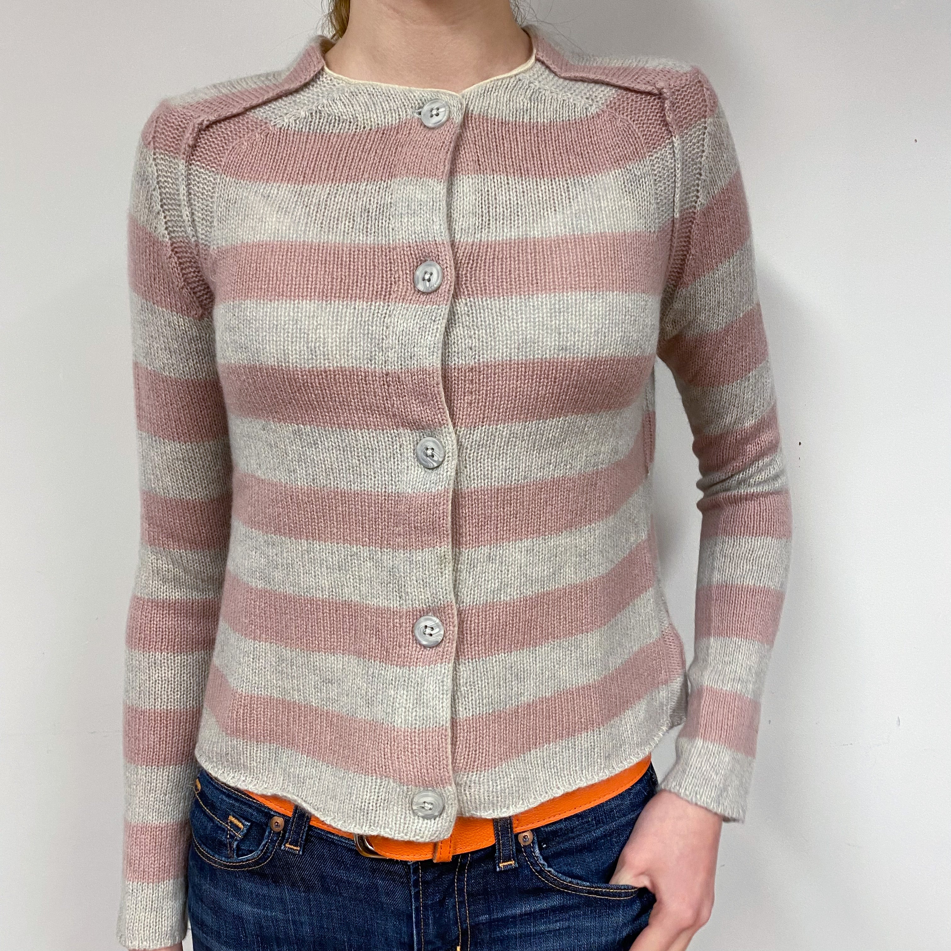 Dusky Pink Grey Stripe Cashmere Crew Neck Cardigan Extra Small