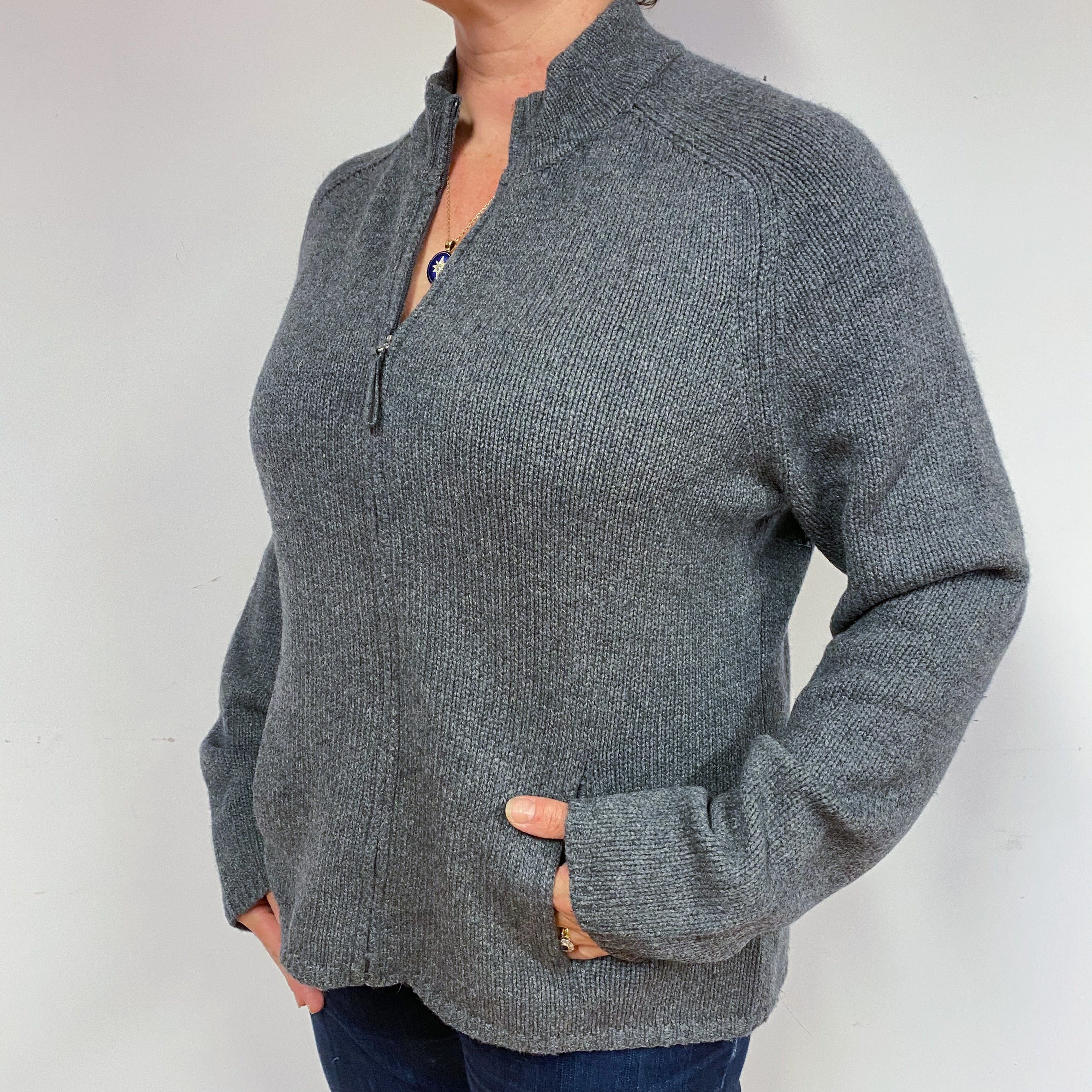 Slate Grey Cashmere Zip Cardigan Large