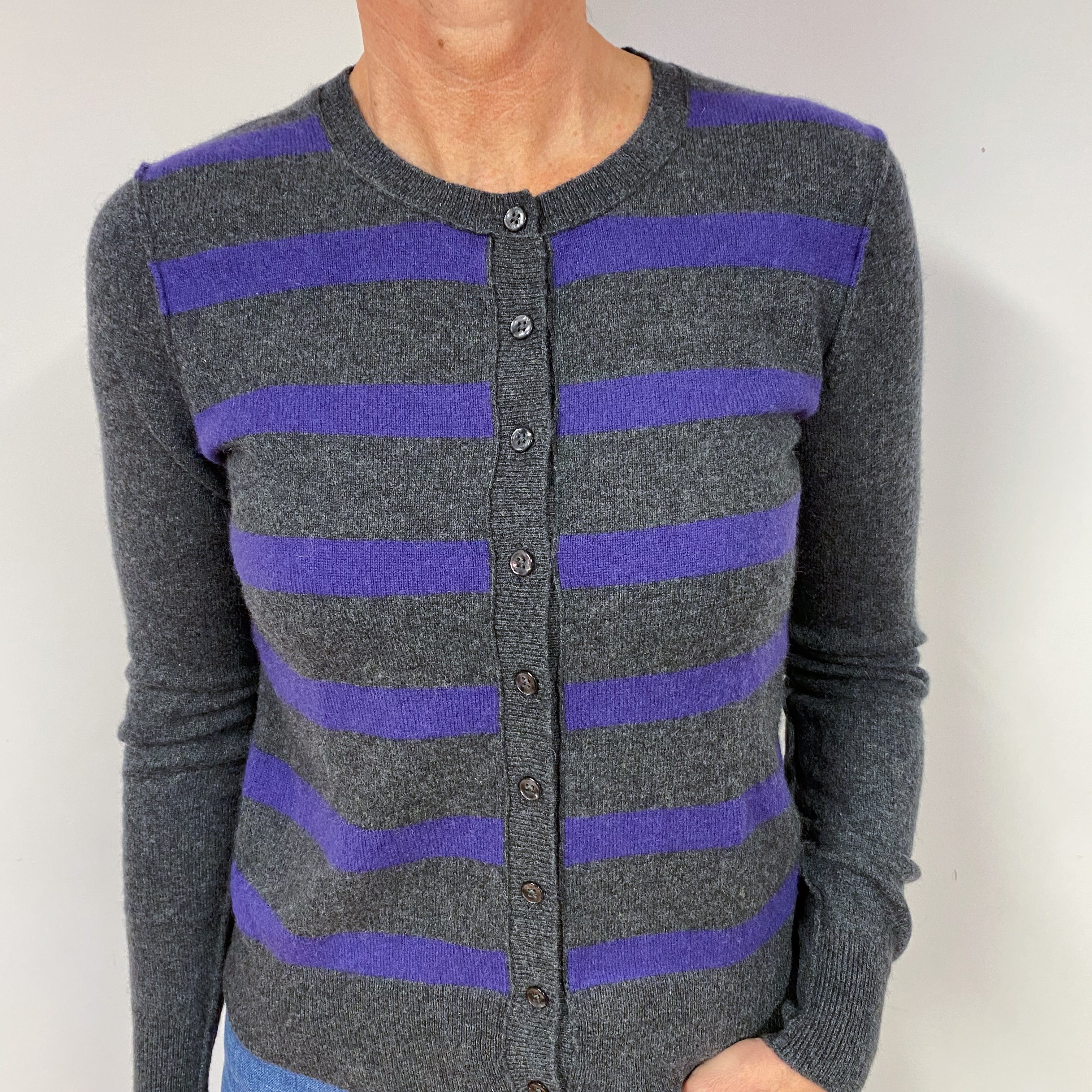 Slate Grey and Purple Stripe Cashmere Cardigan Medium