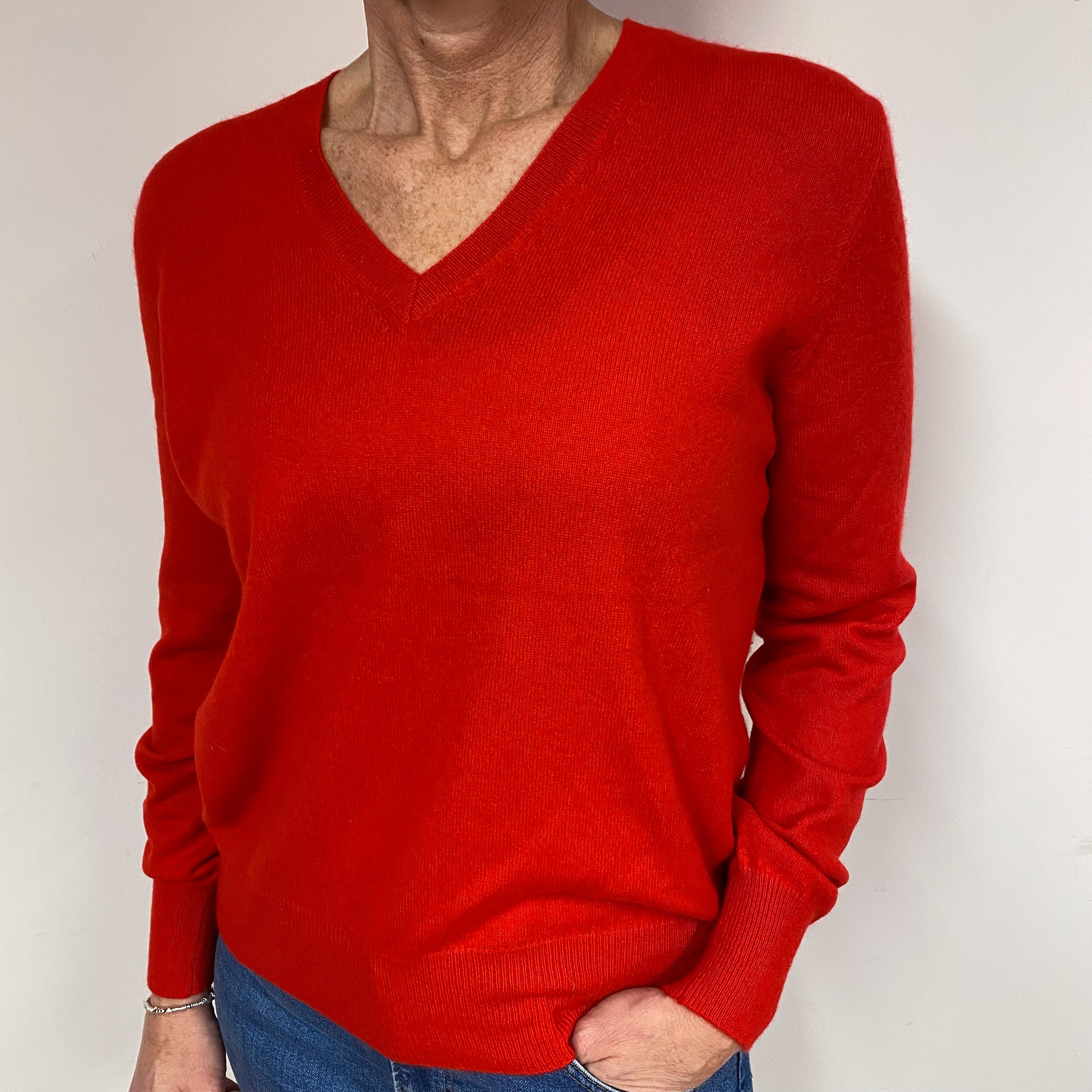 Vermillion Red Cashmere V-Neck Jumper Medium