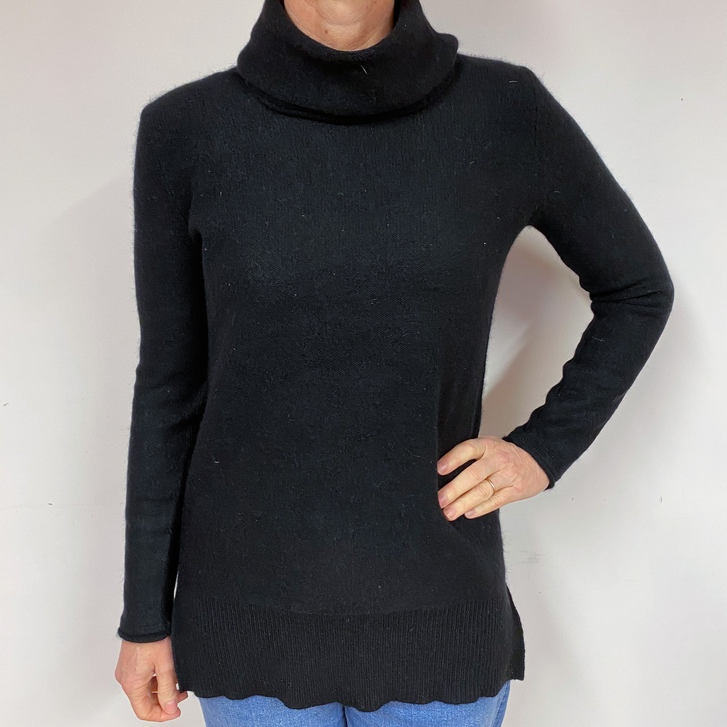 Black Longline Cashmere Polo Neck Jumper Medium