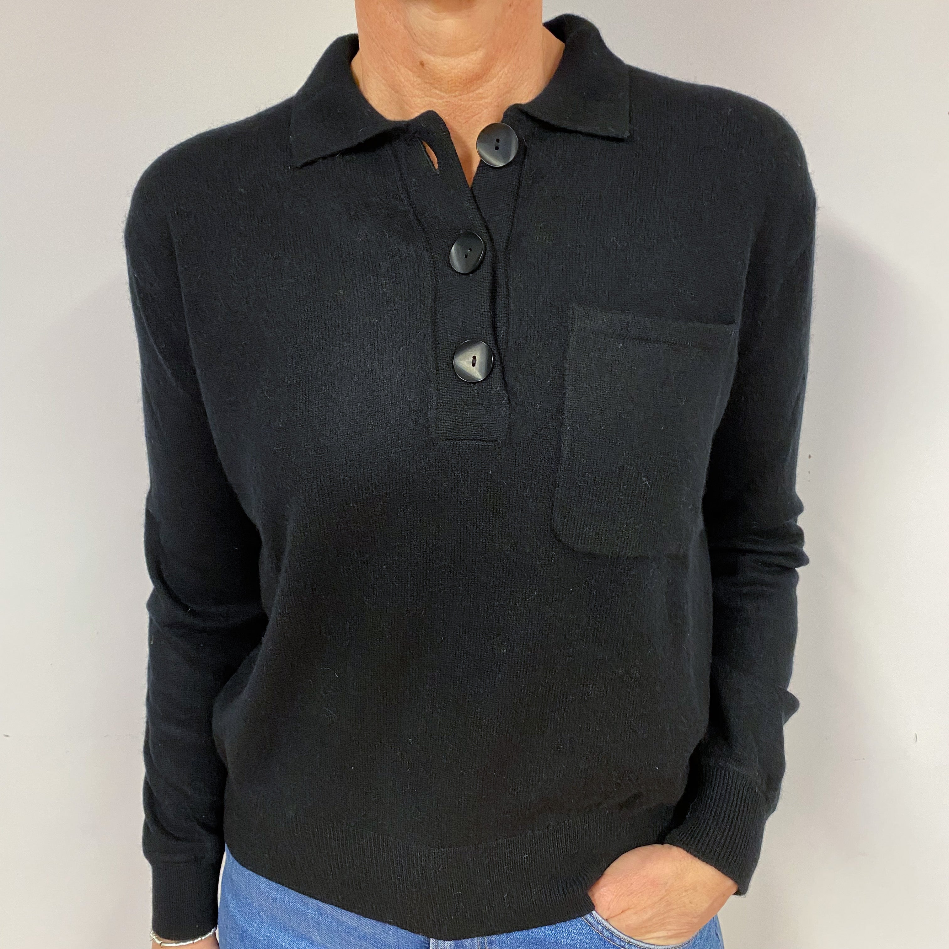 Black Collared Cashmere 1/4 Button Jumper Medium