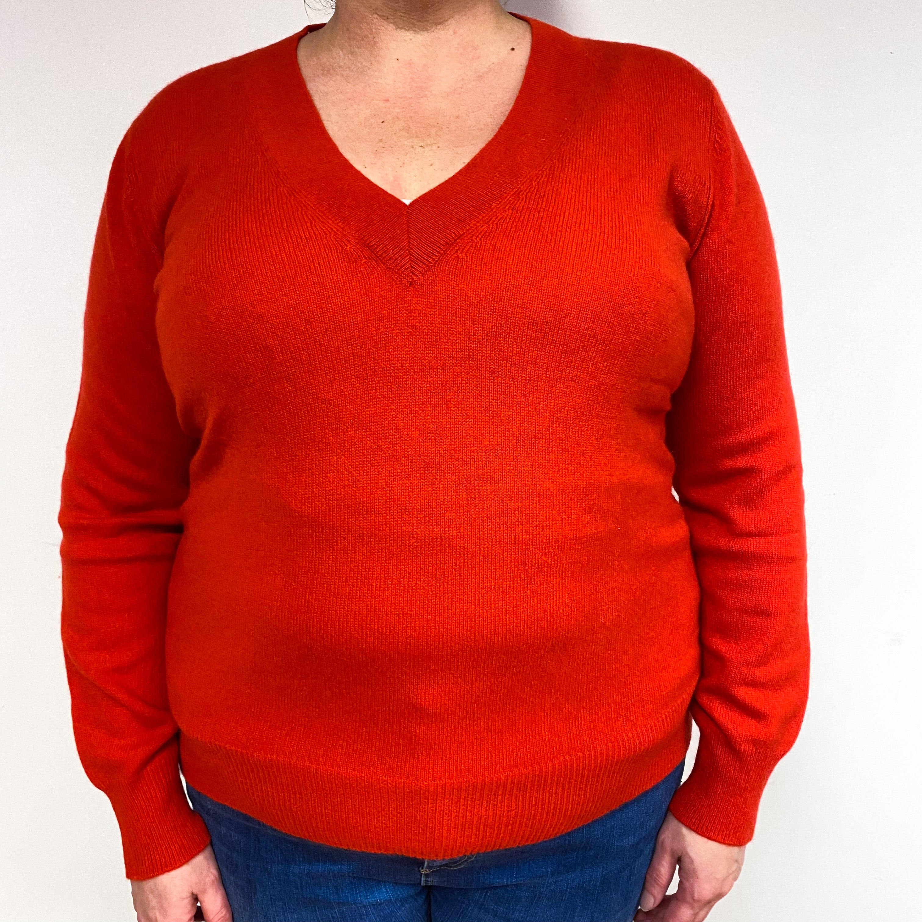 Vermillion Red Cashmere V-Neck Jumper Extra Large