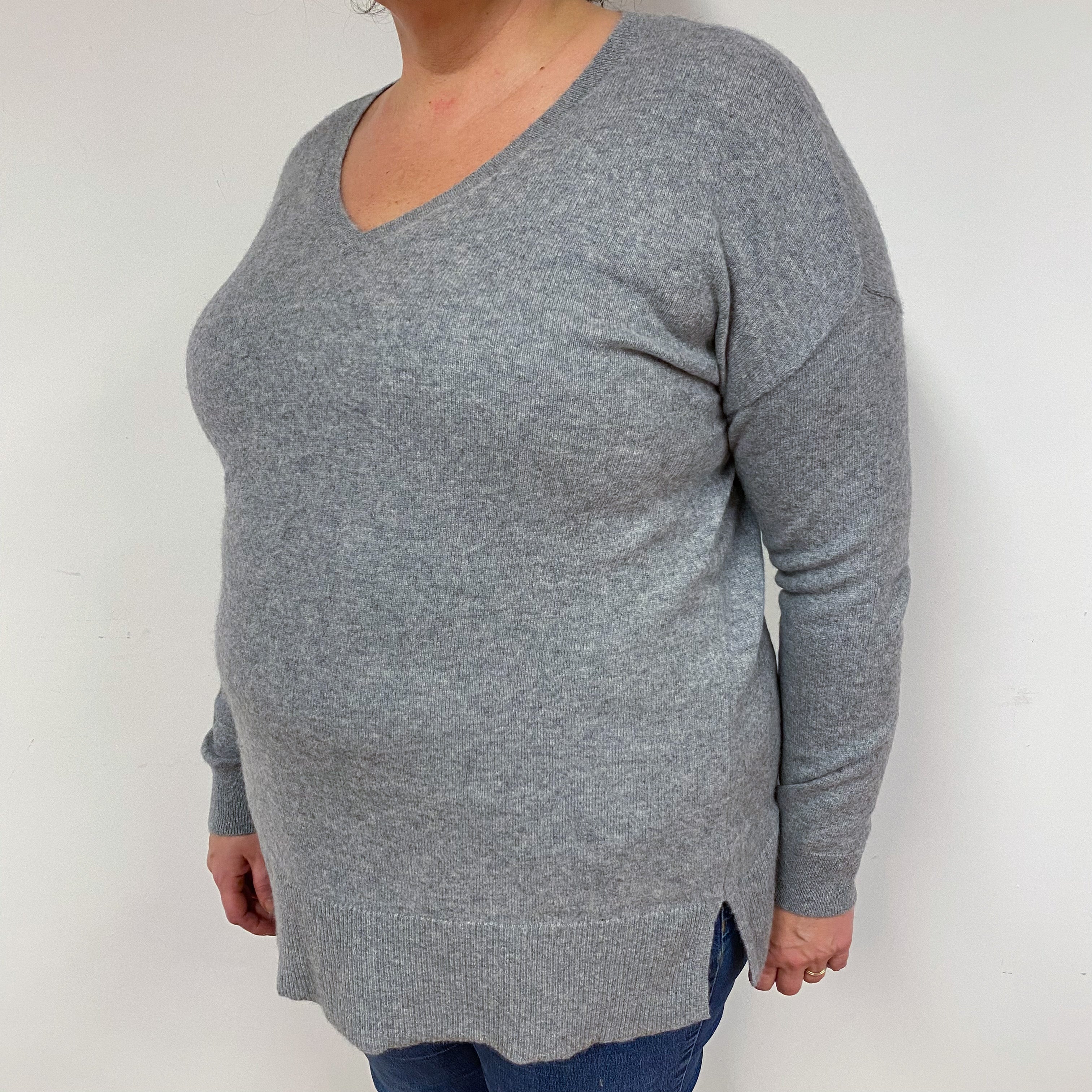 Ash Grey Longline Cashmere V-Neck Jumper Extra Large