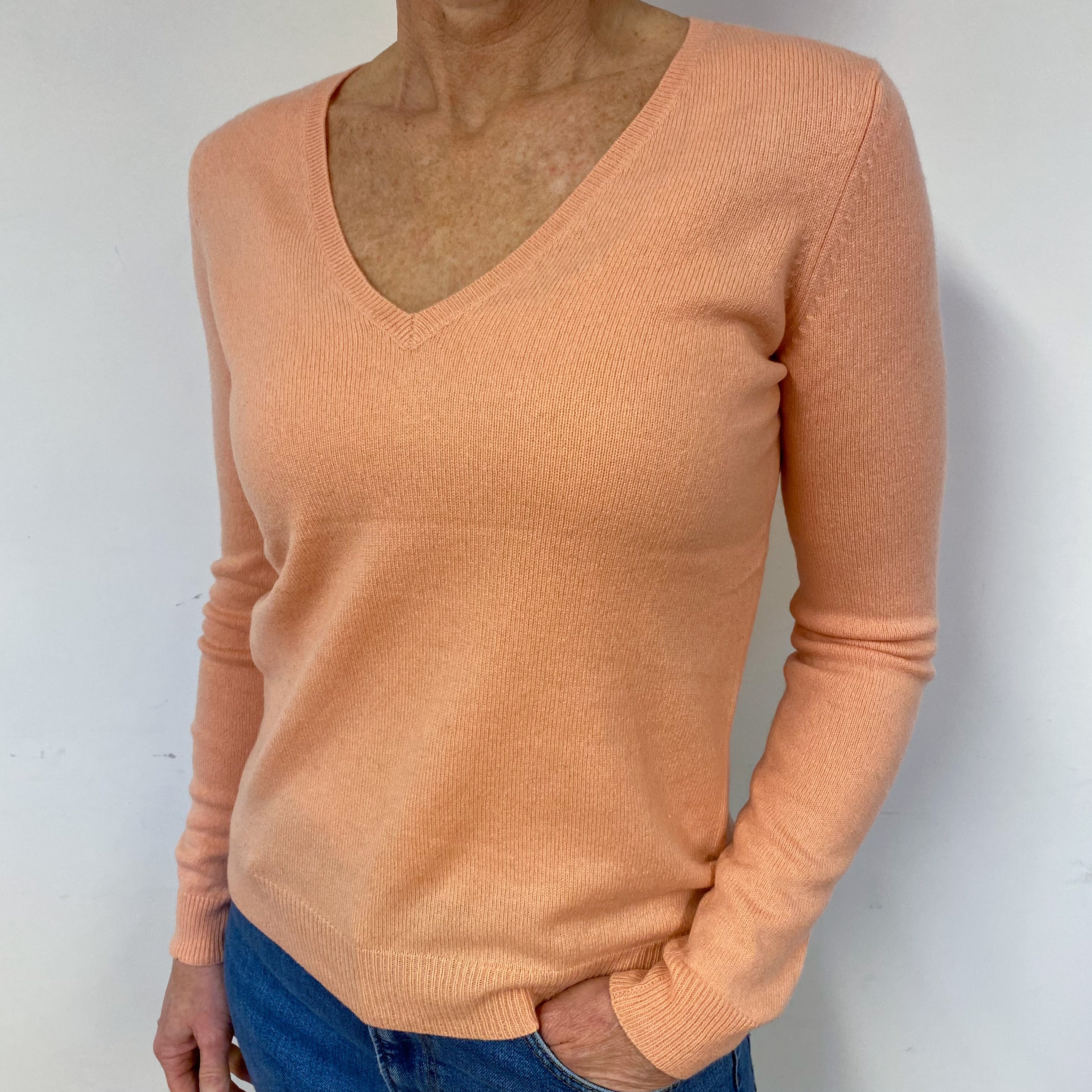 Peach Pink Cashmere V-Neck Jumper Medium