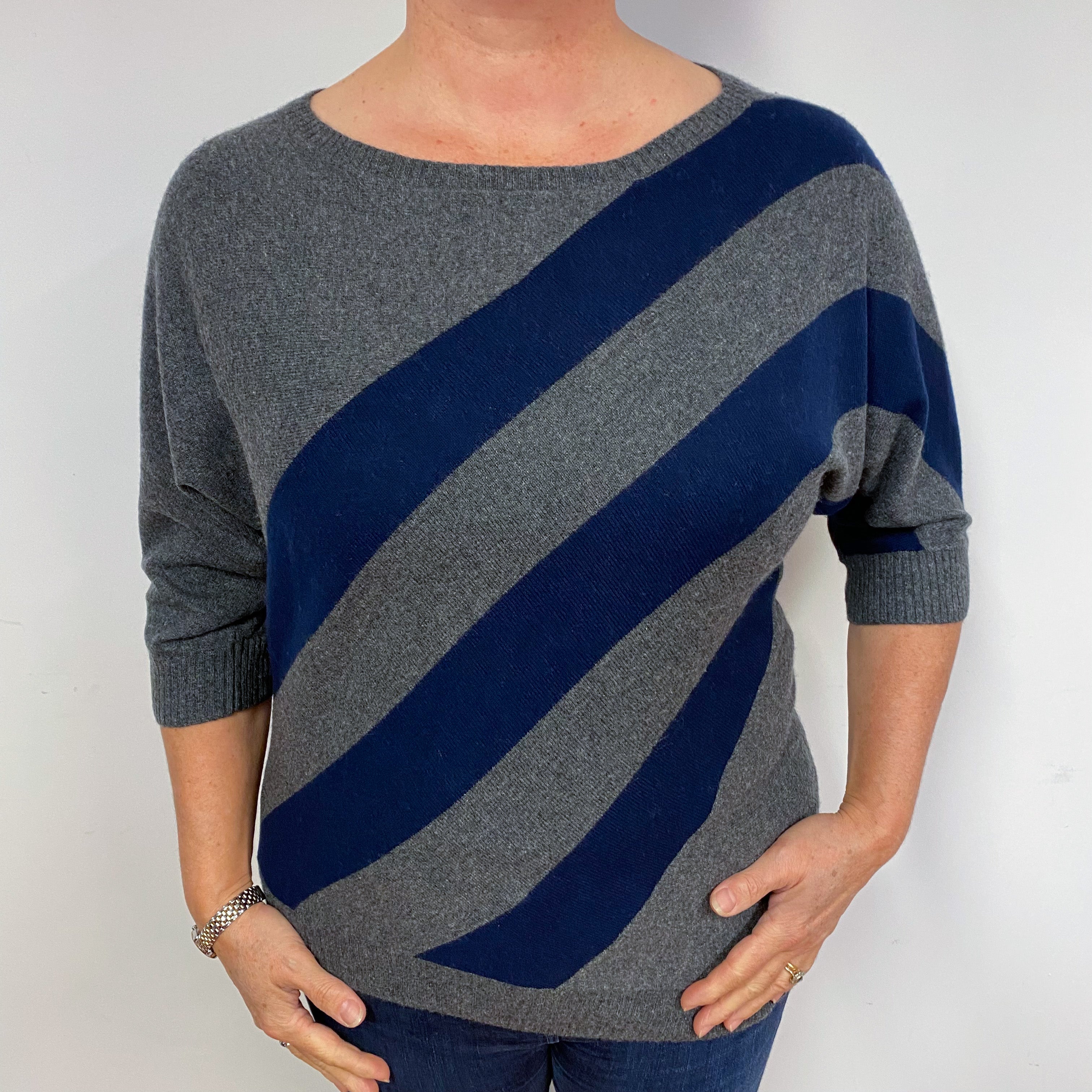 Grey and Navy Asymmetric Cashmere Crew Neck Jumper Large