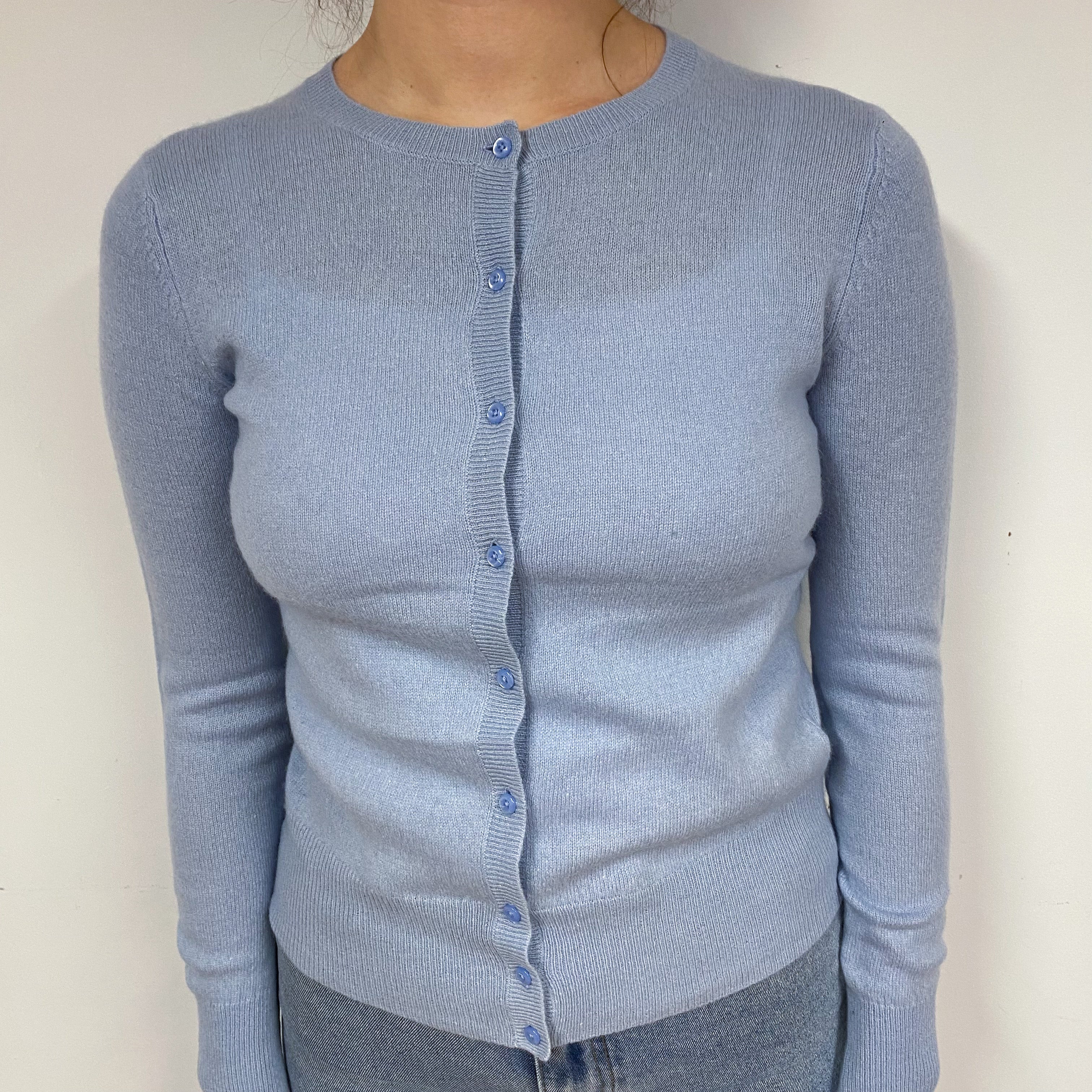 Pale Blue Cashmere Crew Neck Cardigan Small