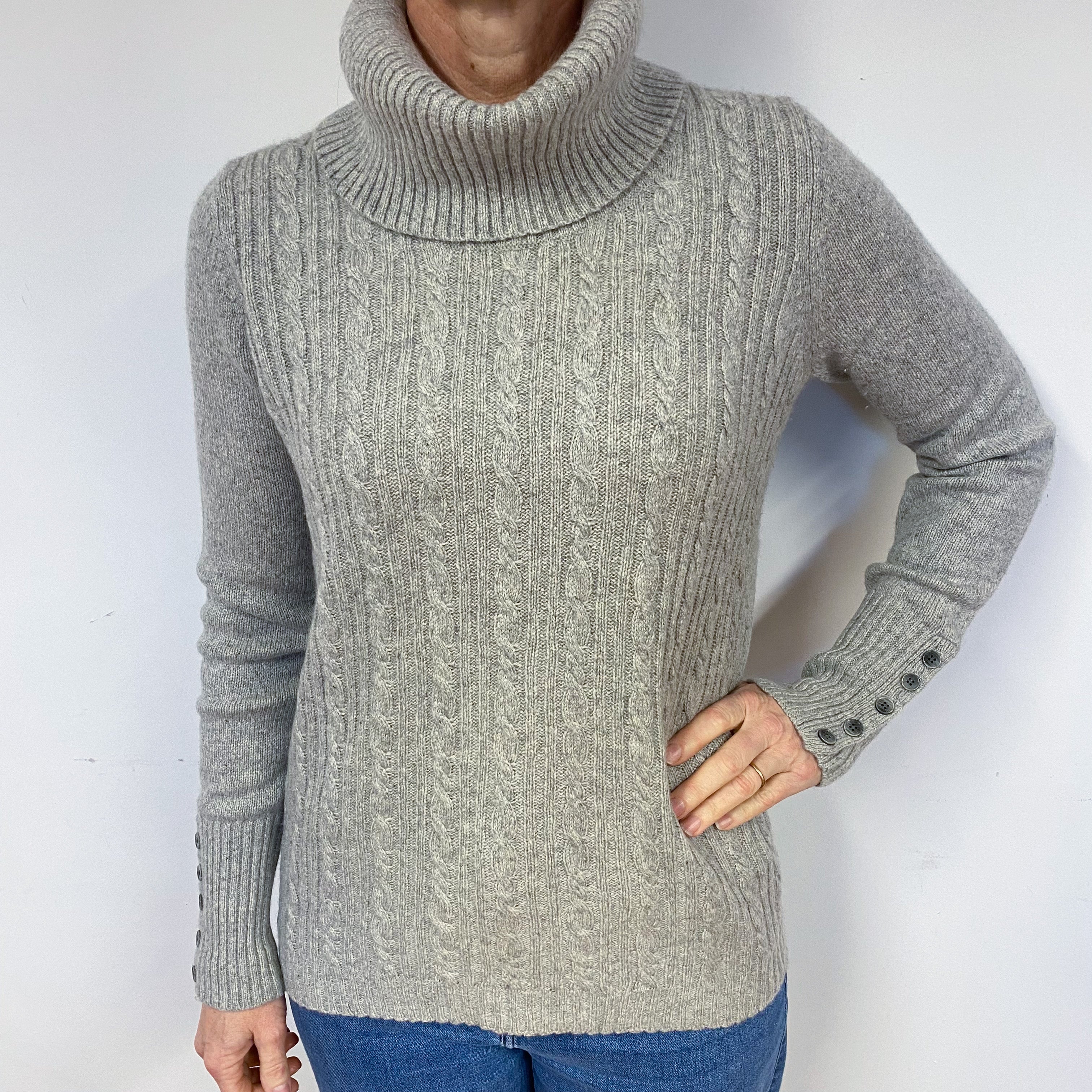 Smoke Grey Cashmere Cable Knit Polo Neck Jumper Medium