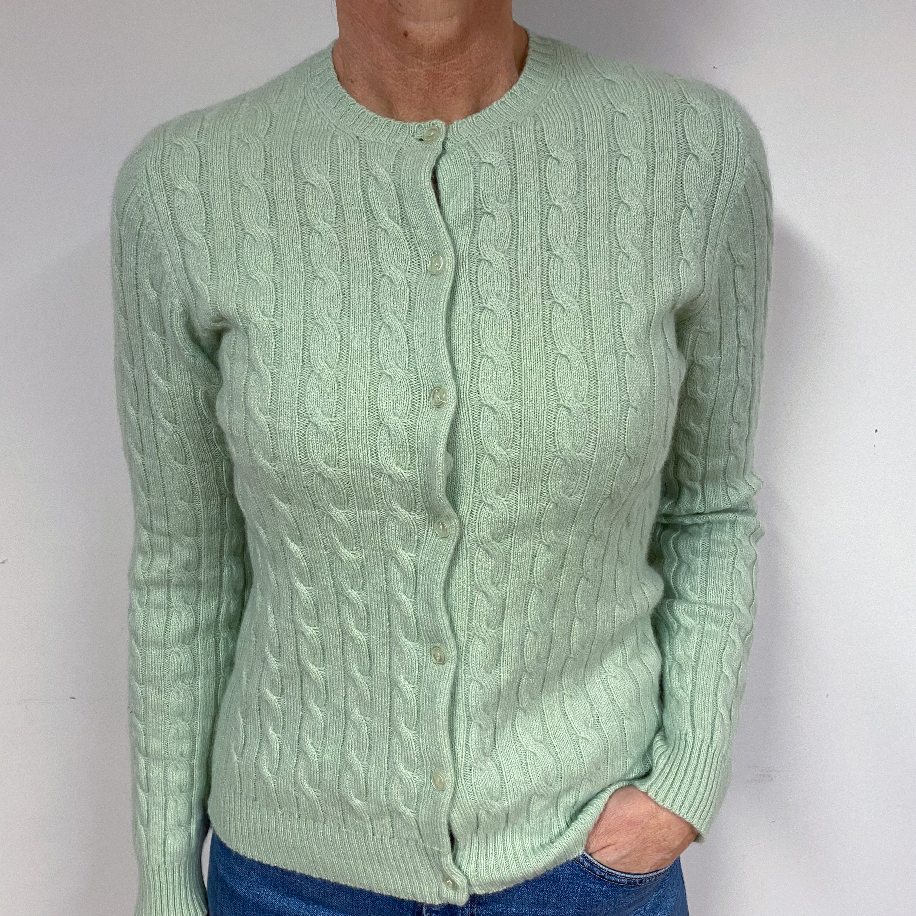 Pale Green Cable Cashmere Crew Neck Cardigan Medium