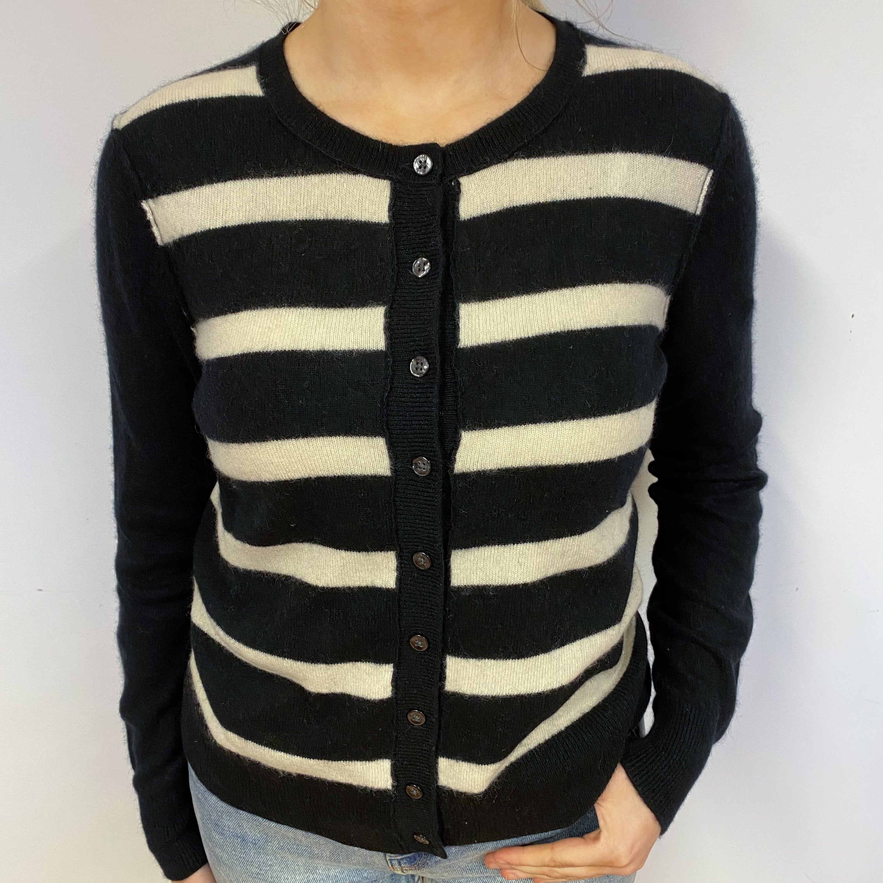 Black and Ivory Stripe Cashmere Crew Neck Cardigan Small