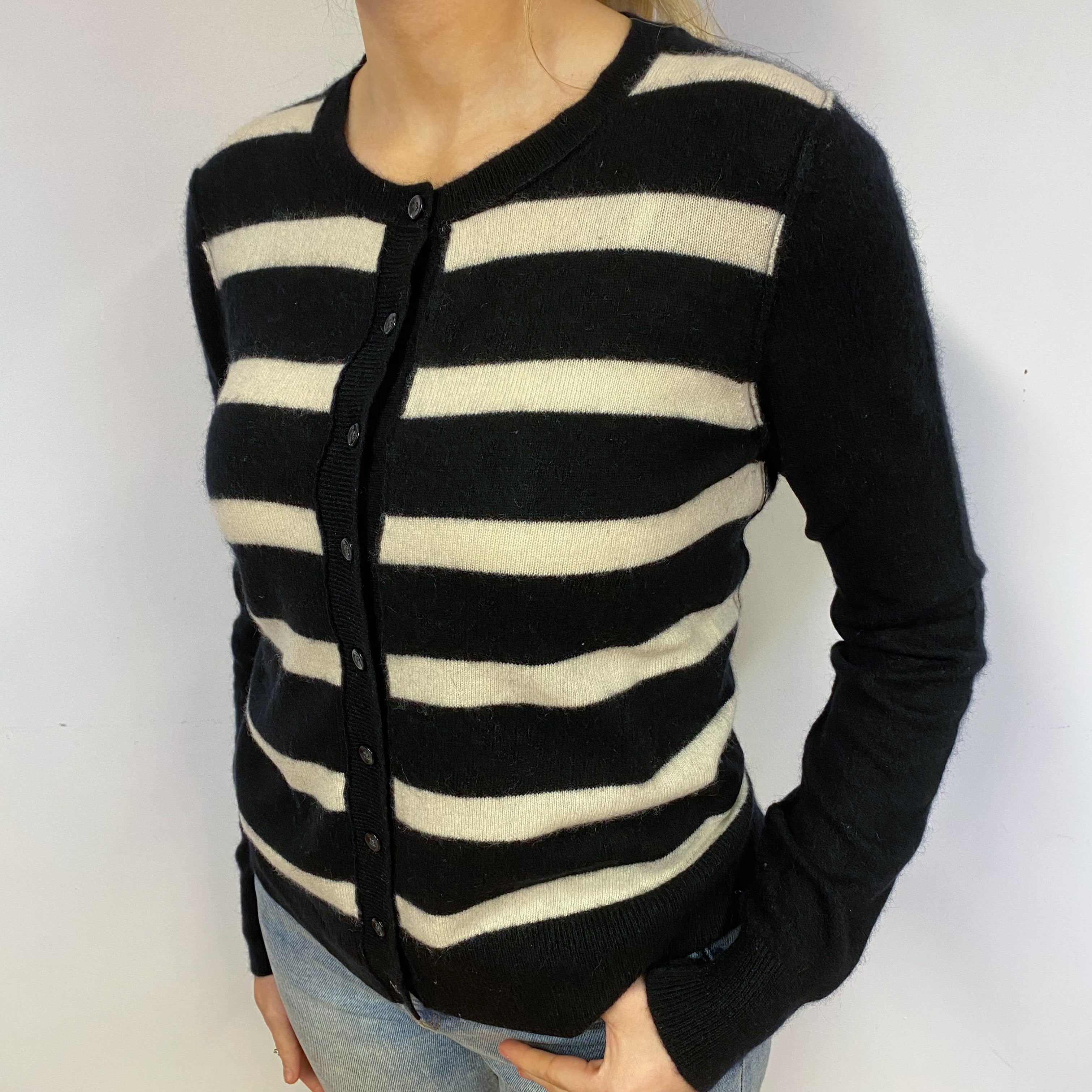 Black and Ivory Stripe Cashmere Crew Neck Cardigan Small