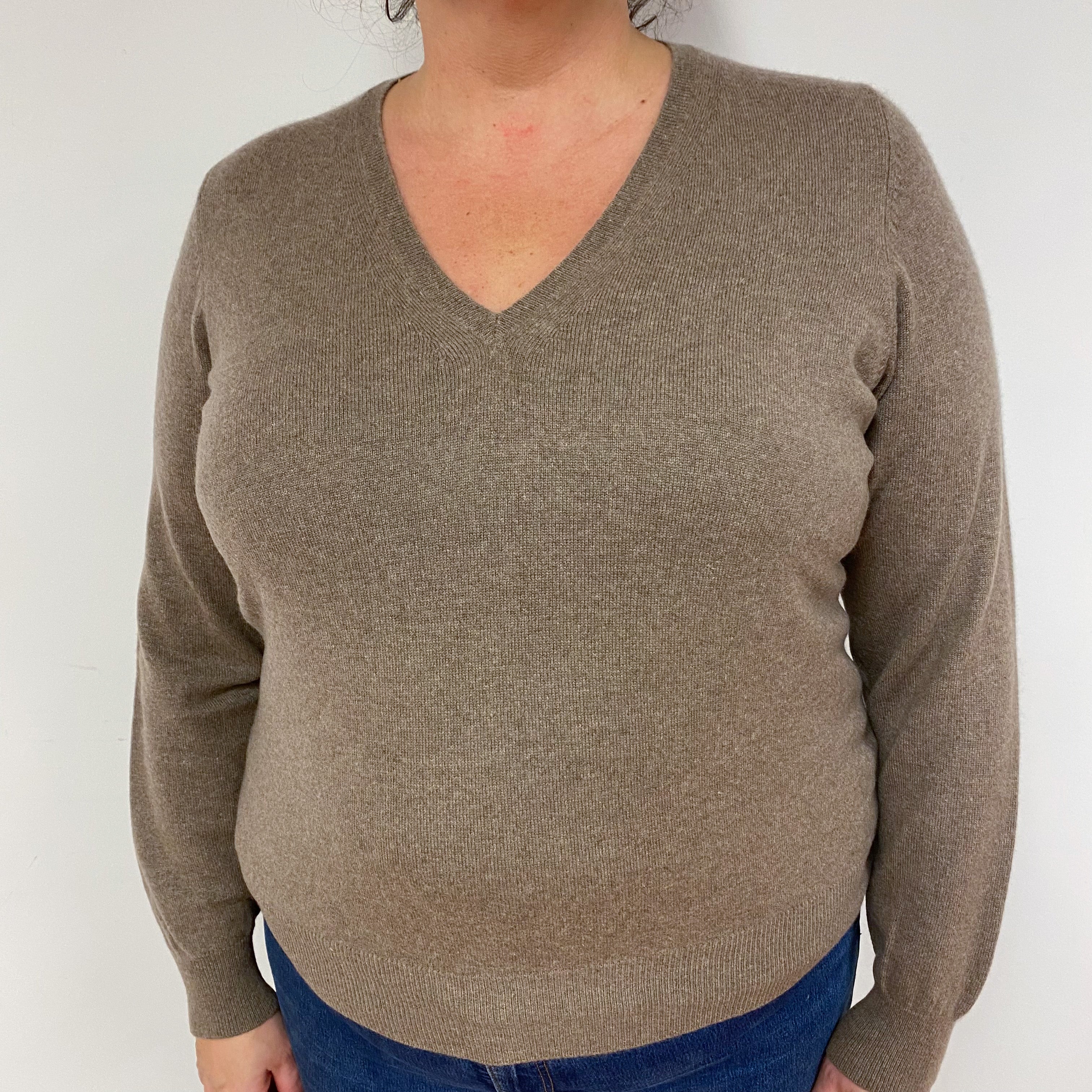 Taupe Brown Cashmere V-Neck Jumper Extra Large