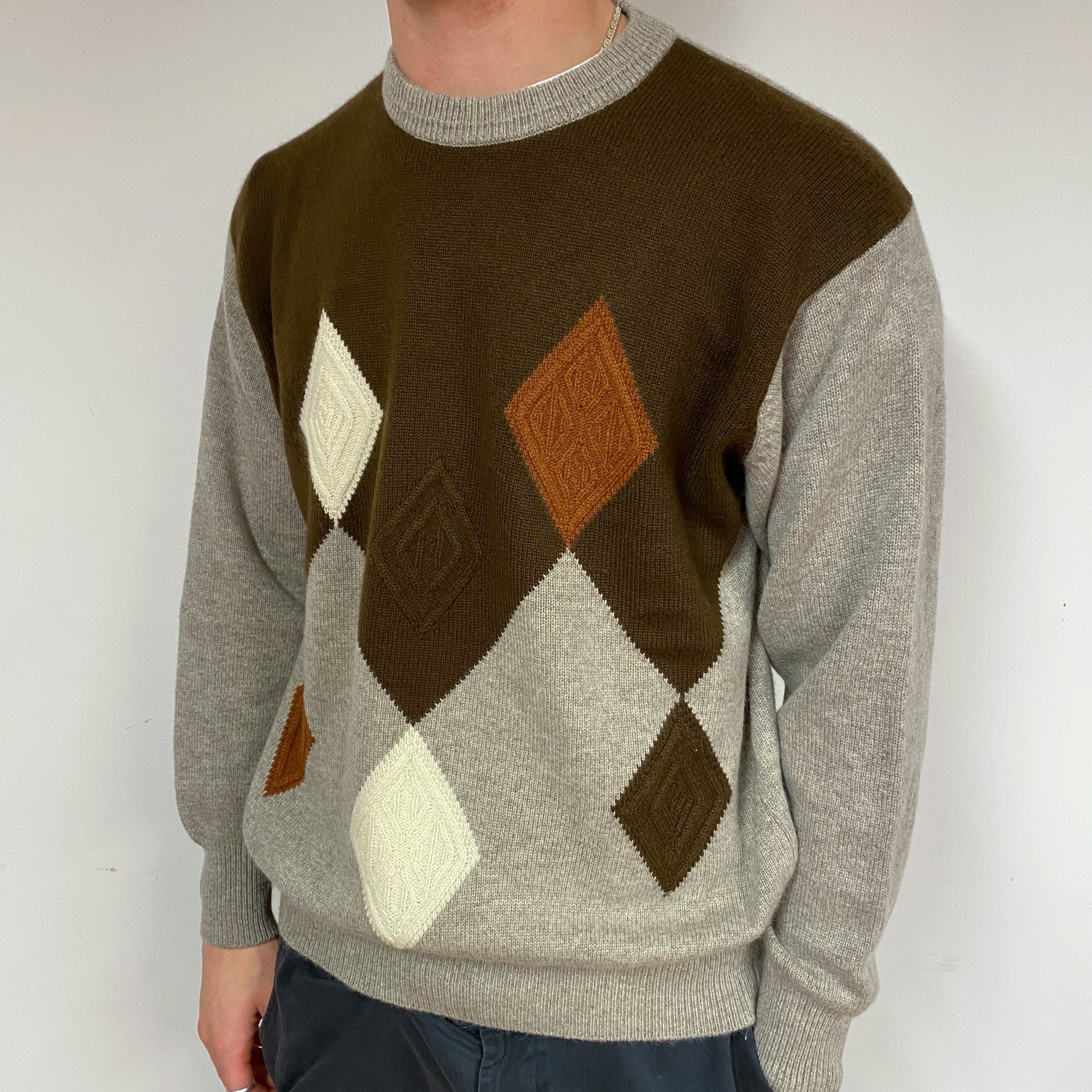 Men's Chunky Brown Diamond Cashmere Crew Neck Jumper Large