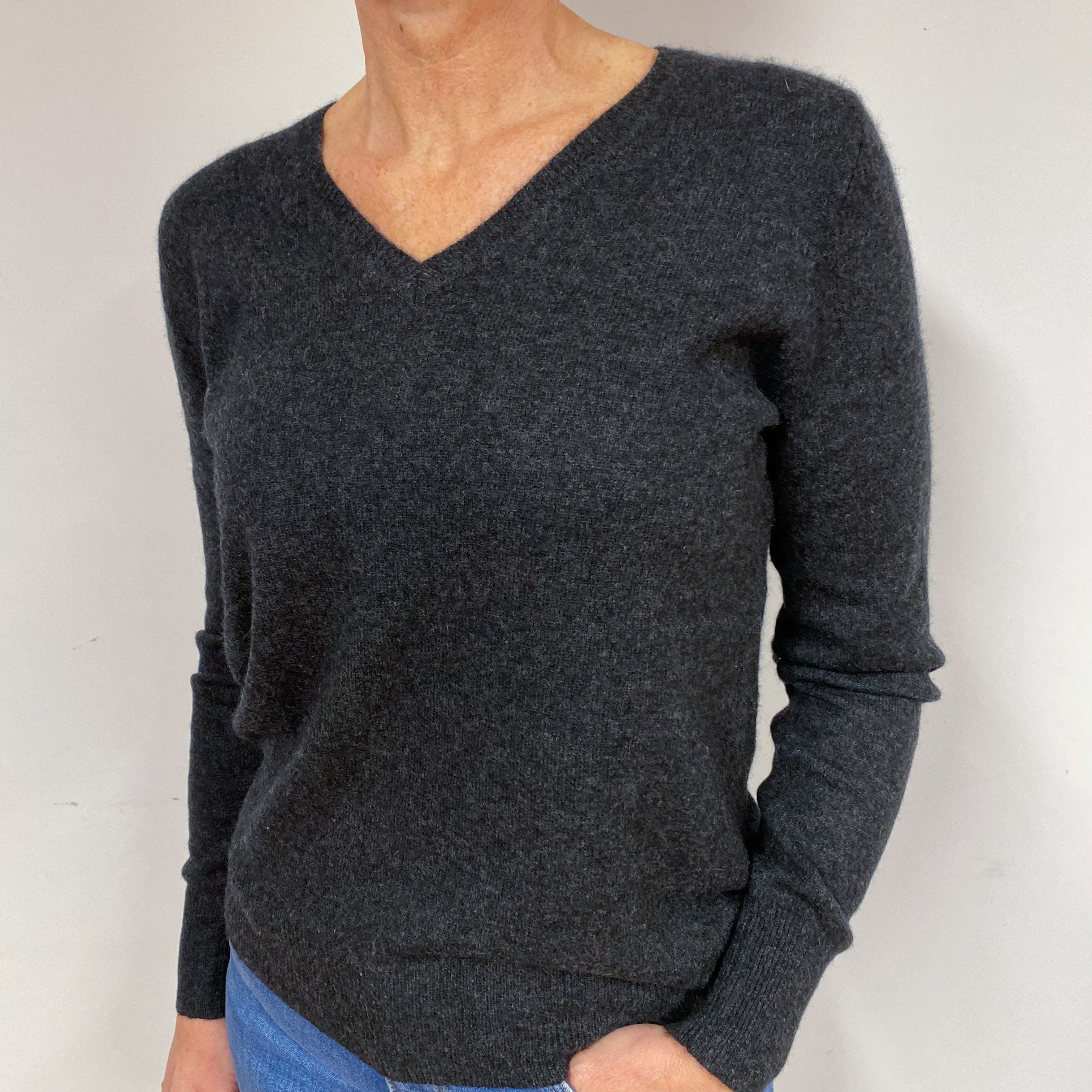 Charcoal Grey Cashmere V-Neck Jumper Medium