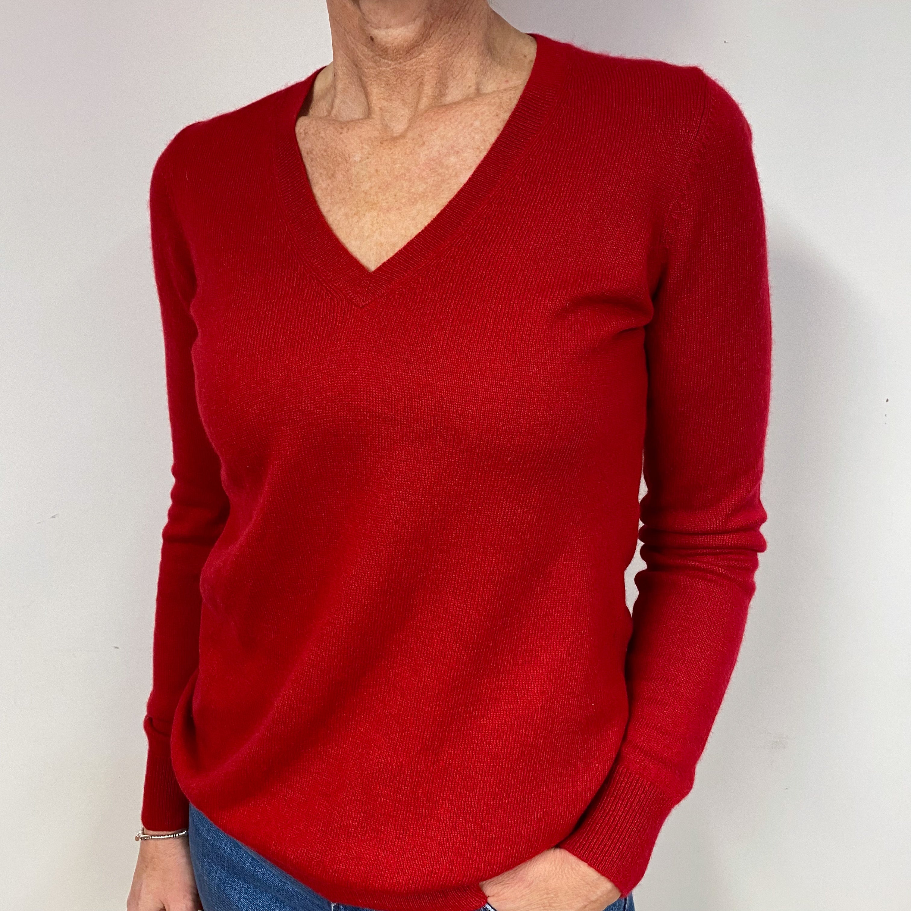 Post Box Red Cashmere V-Neck Jumper Medium