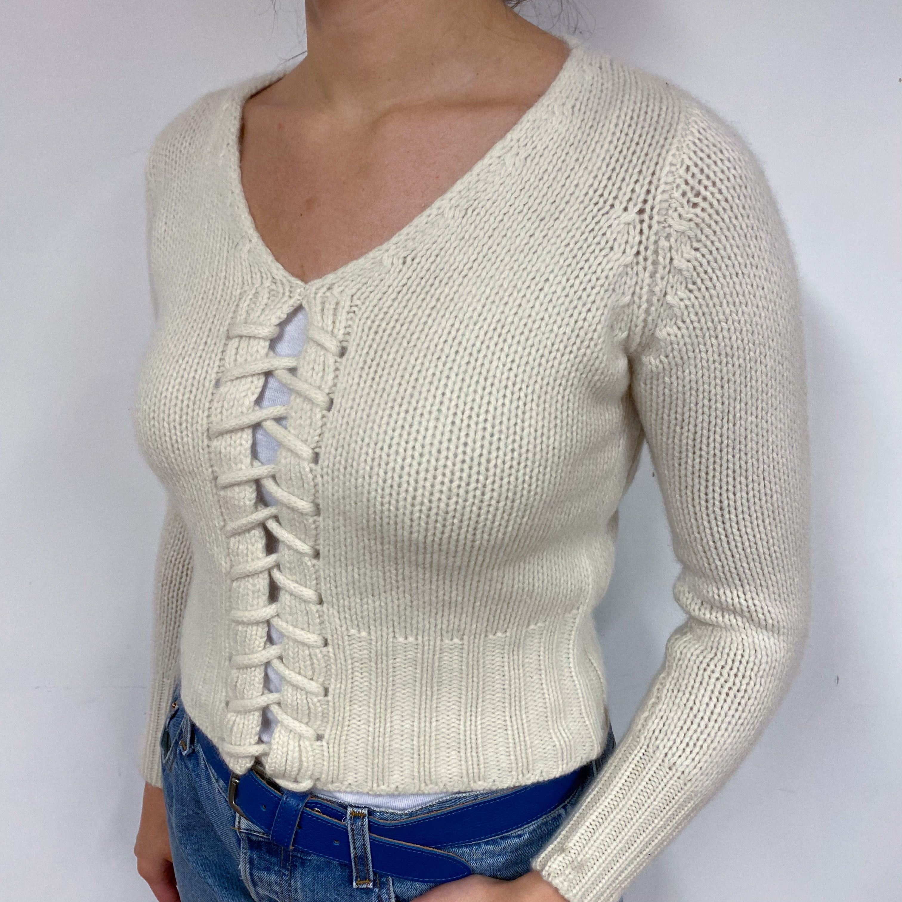 Chunky Cream Lace Up Cashmere V-Neck Jumper Small