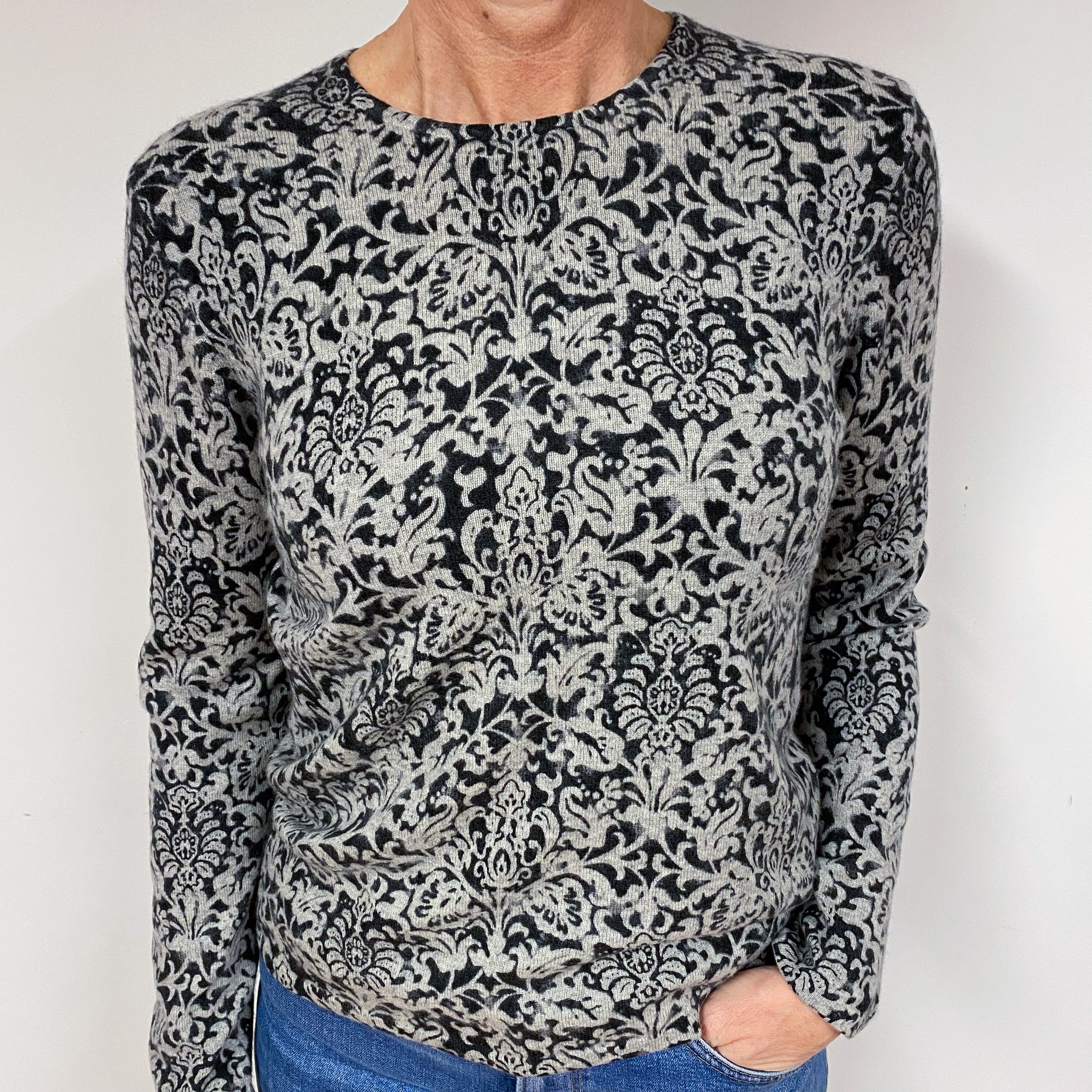 Grey Floral Cashmere Crew Neck Jumper Medium